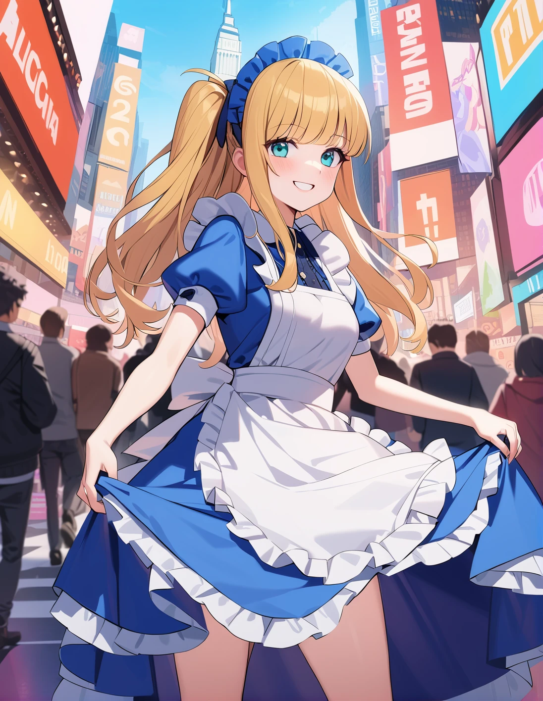 best quality, ultra-detailed, 1girl, solo, liberty spikes hair, blonde hair, <lora:sdxl-alice_in_wonderland_outfit-v1:1>, aliceinwonderlandoutfit, blue dress, frilled apron, , standing ,,, ,smile, <lora:ALTXL_001_4:2>, in times square