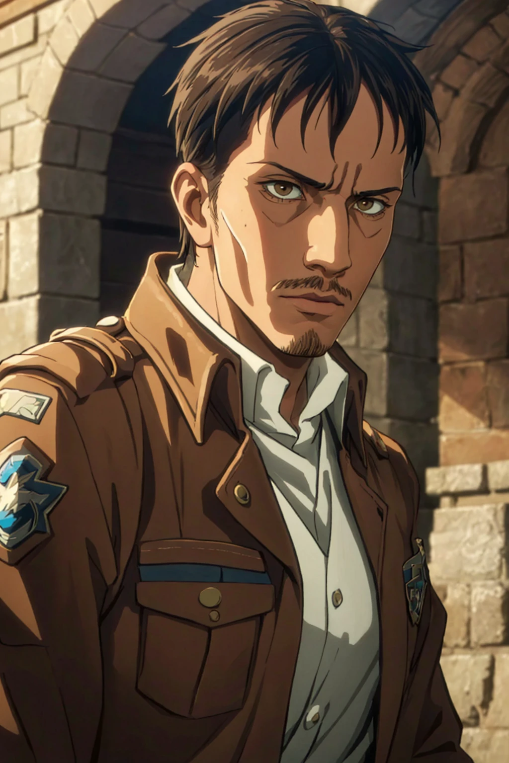 (1 image only),  solo male,  1boy,  Nile Dok,  Attack on Titan,  lean,  facial hair,  light mustache,  light goatee,  dark brown eyes,  black hair,  short hair,  paradis military uniform,  handsome,  mature,  charming,  alluring,  upper body in frame,  perfect anatomy,  perfect proportions,  8k,  HQ,  (best quality:1.2,  hyperrealistic:1.2,  photorealistic:1.2,  masterpiece:1.3,  madly detailed photo:1.2),  (hyper-realistic lifelike texture:1.2,  realistic eyes:1.2),  high_resolution,  perfect eye pupil,  dutch angle,<lora:EMS-498-EMS:0.200000>,<lora:EMS-288708-EMS:0.700000>