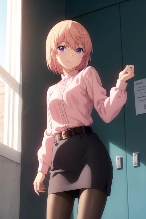((masterpiece)),(best quality),official art,extremely detailed CG,unity 8k wallpaper,ultra detailed,beautiful detailed eyes,extremely detailed face,1girl,solo,cowboy shot,looking at viewer,facing viewer,smile,short_hair,blonde_hair,bangs,purple_eyes,pink_shirt,long_sleeves,shirt_tucked_in,white_belt,pencil_skirt,purple_skirt,black_pantyhose,high_heels,red_footwear,<lora:Oshieda Atsuko(ag)>,