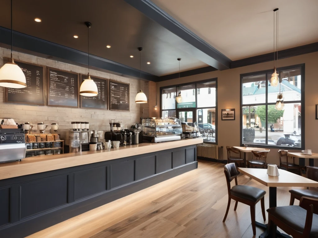<lora:JJsCoffee_Shop_XL:.7>, ((Coffee Shop)), indoors, masterpiece , best quality, soft lighting, high quality, enough detail, high resolution, super realistic, Photorealistic, highly detailed, , table, chair, cup, counter, sofa, ceiling light, door, window, city, street, ((waiter)), ((motion blur)),