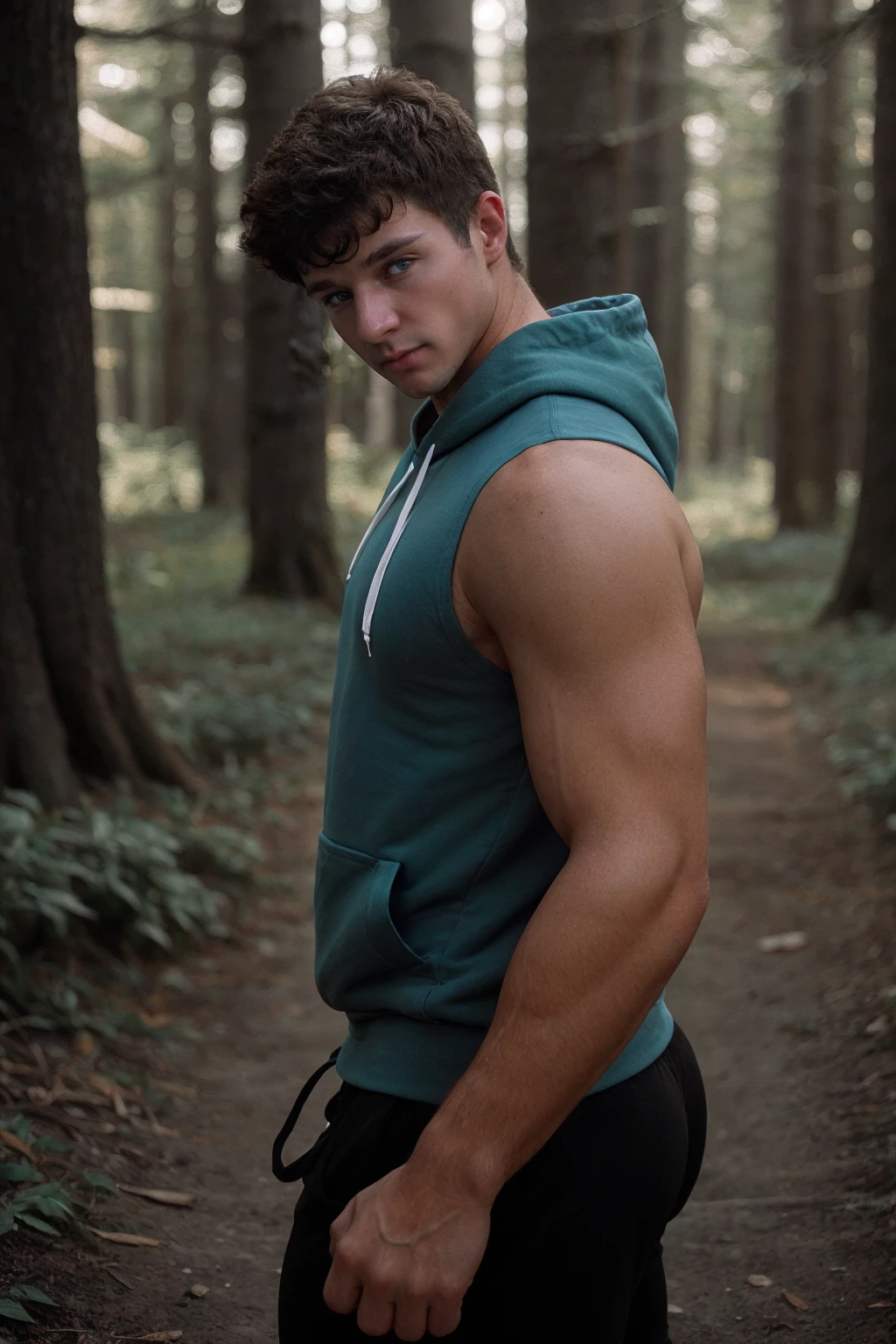 male focus, medium photo of jjperson <lora:josh_joyce-11:0.7>, side lighting, dramatic contrast, wearing a fitted (light blue:0.5) sleeveless hoodie, looking at viewer, blurred forest background, flexing arm