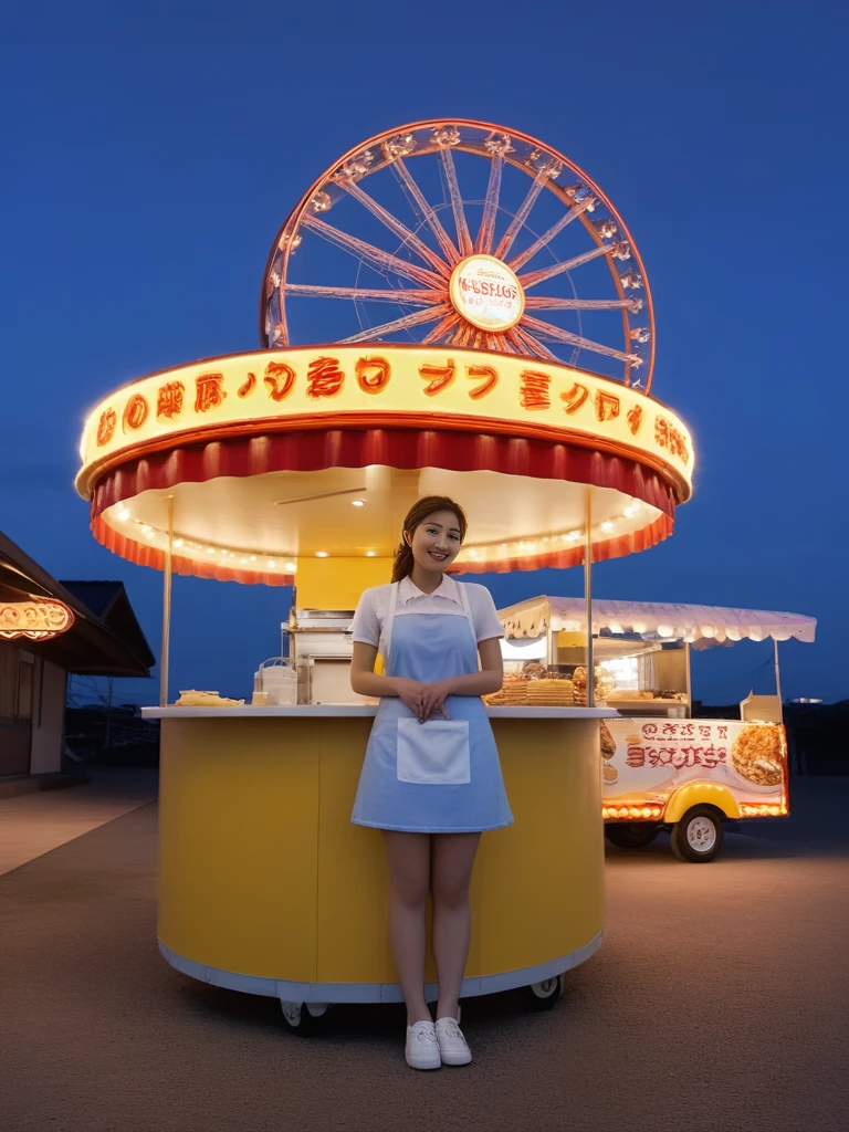 <lora:JJsFood_Stand_XL:.4>, ((Food Stand)), masterpiece , best quality, soft lighting, high quality, outdoors, day, scenery, real world location, sky, wheel, Fried chicken steak, <lora:YourSaaya_Adult_SDXL-000003:.8>, ((Saaya Irie)) ,1girl, solo, full body, japanese,