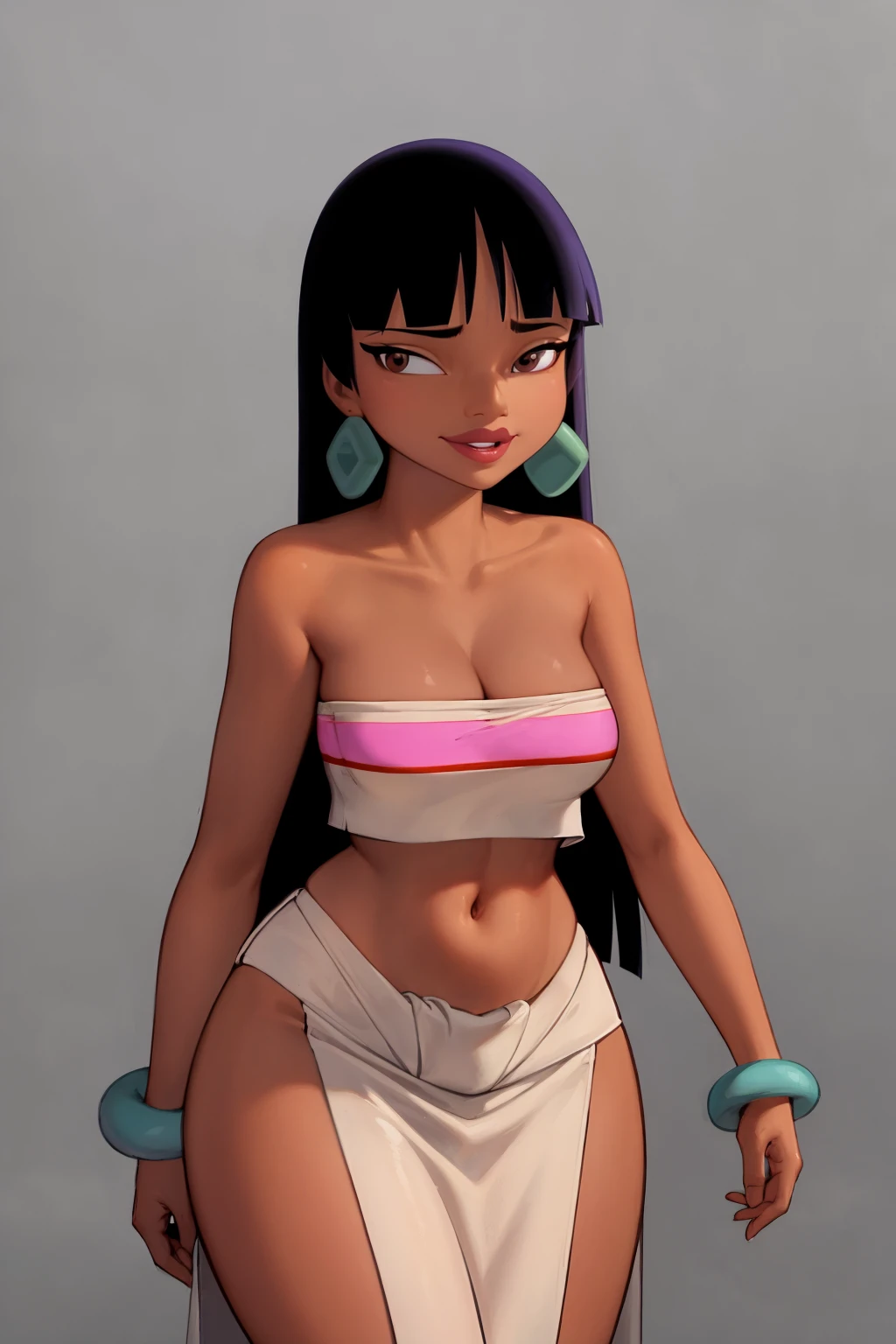 masterpiece, best quality,
1girl, chel,  black hair, long hair, blunt bangs, brown eyes, dark skin, lipstick, tube top, cleavage, pelvic curtain, loincloth, bare shoulders, bracelet, earrings, curvy, midriff, narrow waist, navel, thick thighs, wide hips,
smile, upper body, solo, looking at viewer, simple background  <lora:Chel:1>