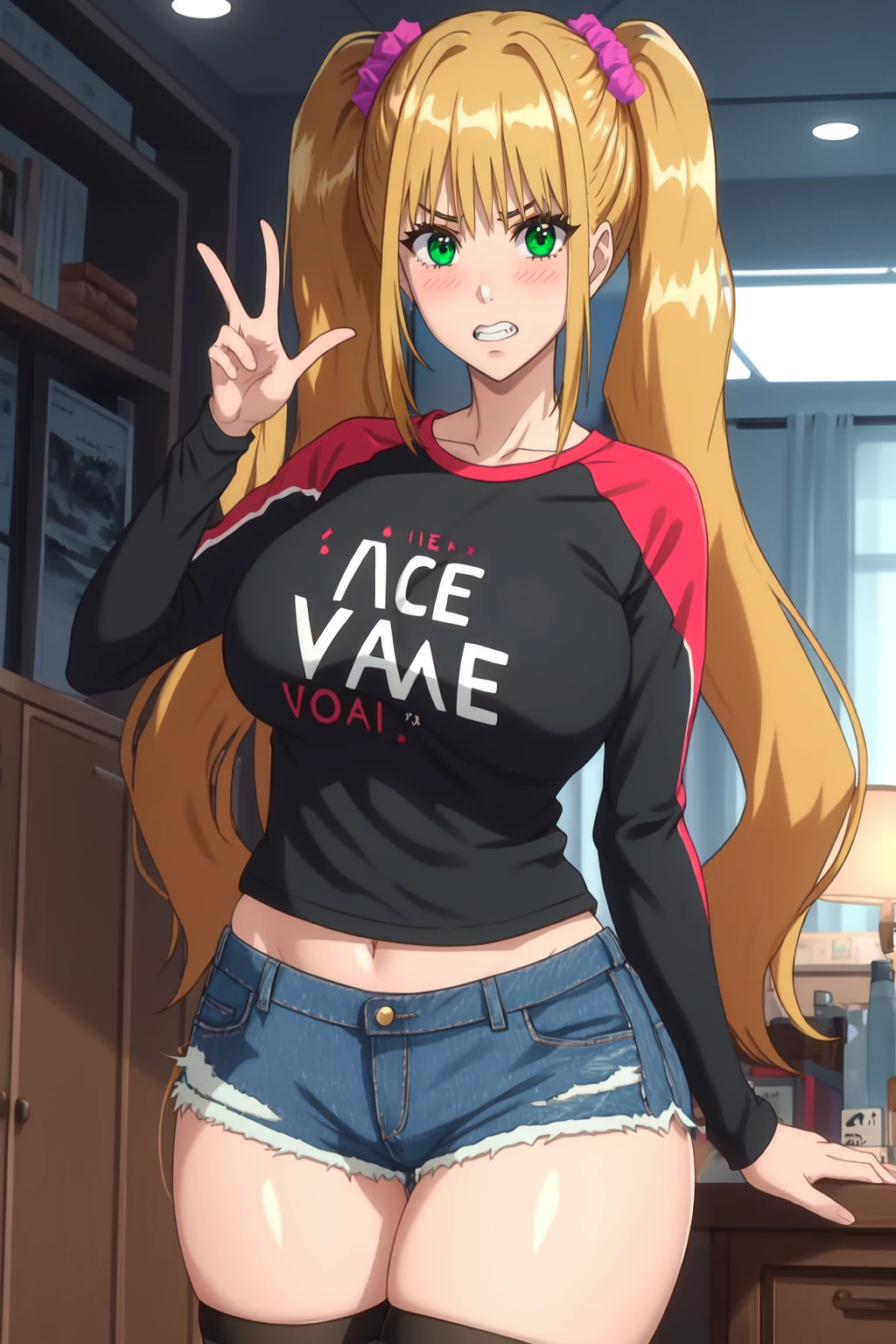 highres, high quality, masterpiece, (intricate details:1.1), cinematic lighting,
NikaidoNao, 1girl, standing, cowboy shot, (V, V sign:1.2), arm up, (hand on hip:0.5),
looking at viewer, (blush:1.1), embarrassed, teeth,
green eyes, blonde hair, long hair, twintails, hair scrunchie,
breasts, thighs, curvy,
(raglan sleeves:1.1), black purple (two-tone shirt:1.1), clothes writing, denim shorts, (black thighhighs:1.1),
indoors, room,
<lora:NikaidoNao:0.95>