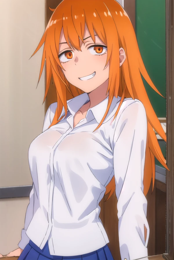 makigamou, <lora:maki gamou s1s2-lora-nochekaiser:1>,
maki gamou, long hair, orange hair, (orange eyes:1.3), sanpaku, smile, grin,
BREAK skirt, shirt, jewelry, school uniform, white shirt, pleated skirt, earrings, blue skirt,
BREAK indoors, classroom,
BREAK looking at viewer, (cowboy shot:1.5),
BREAK <lyco:GoodHands-beta2:1>, (masterpiece:1.2), best quality, high resolution, unity 8k wallpaper, (illustration:0.8), (beautiful detailed eyes:1.6), extremely detailed face, perfect lighting, extremely detailed CG, (perfect hands, perfect anatomy),