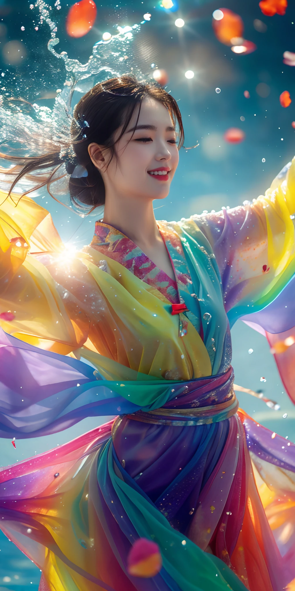 1girl,solo,water,multicolored clothes,see-through,(dancing:1.5),hanfu,upper body,brown hair,sunlight,realistic,<lora:æ±æ_æ°´åév1.0:0.7>,laughing,masterpiece,best quality,close-up,lens_flare,(Cinematic Lighting:1.2),(petals:1.1),(colorful:1.4),