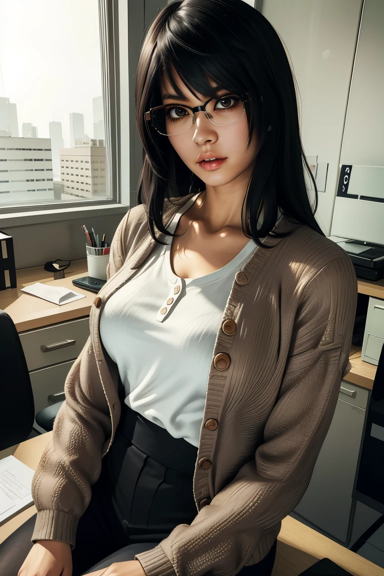 Saori,black hair,messy hair,brown eyes,
sweater jacket,white shirt,glasses,
looking at viewer,expressionless,
sitting,upper body,
indoors,office,desk,
(insanely detailed,masterpiece, best quality),solo,<lora:SaoriShirosaki:0.8>,