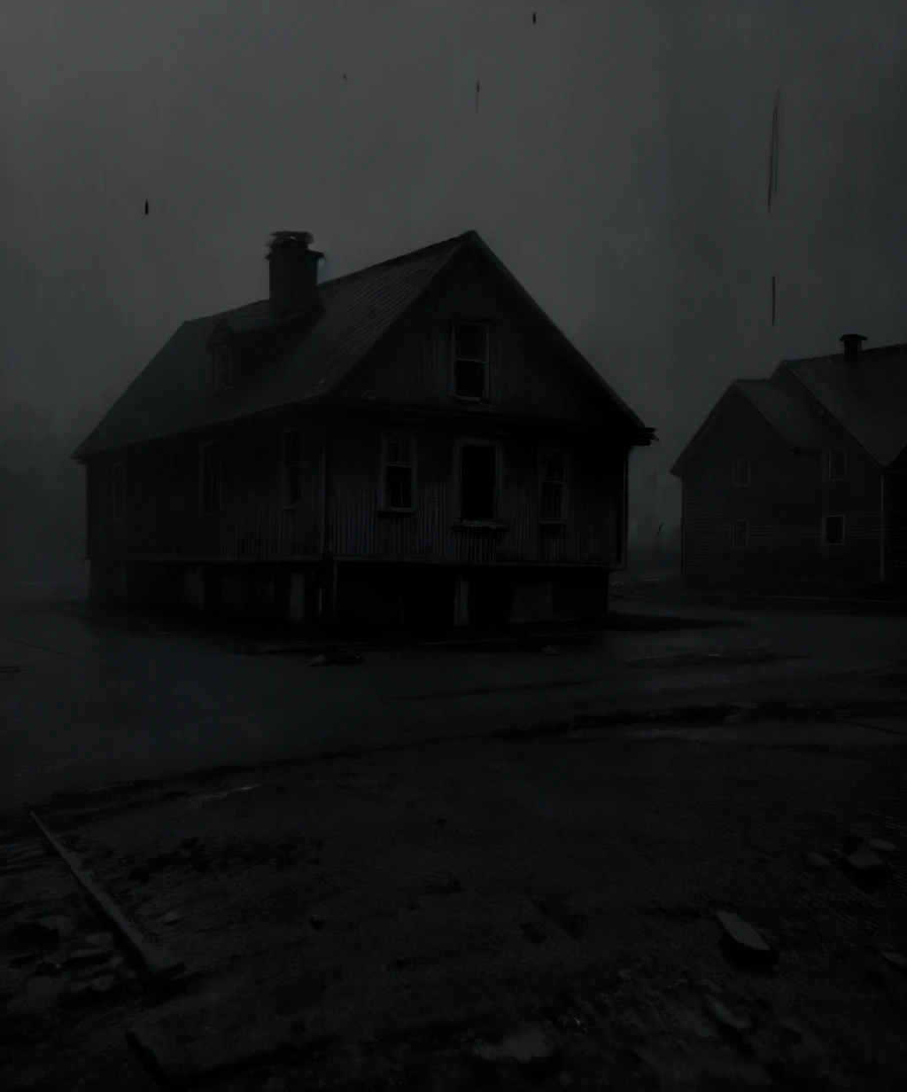 horror \(theme\), monochrome, greyscale, dark, monochrome, greyscale, dark, outdoors, no humans, building, scenery, rain, house, <lora:morbid_darkness_v2-08:1>