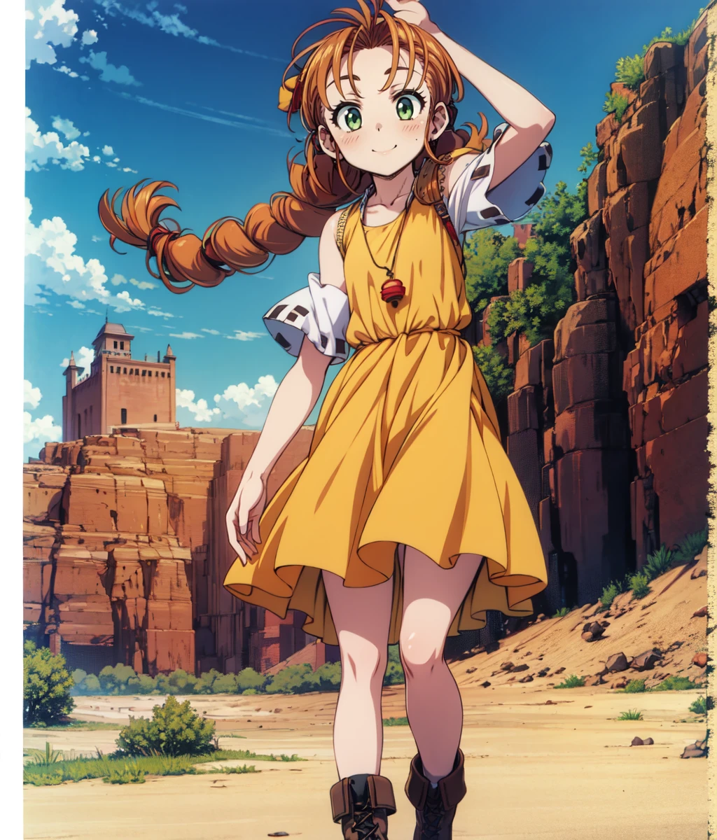masterpiece, anime screencap, 1girl, solo, orange hair, twin braids, green eyes, yellow dress, skirt, white sleeves, red pendant, black shorts, boots, full body, standing, smiling, hand on head, outdoors, desert, cowboy shot <lora:wendy Garret:0.8>