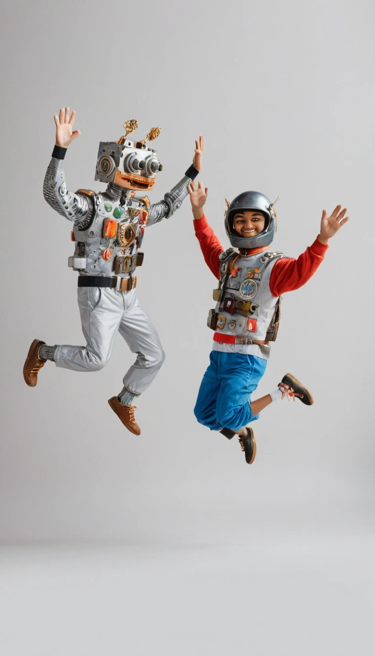 <lora:JunkBots_XL:1.0> Two characters jumping in the air and giving each other a high five, 1990s background