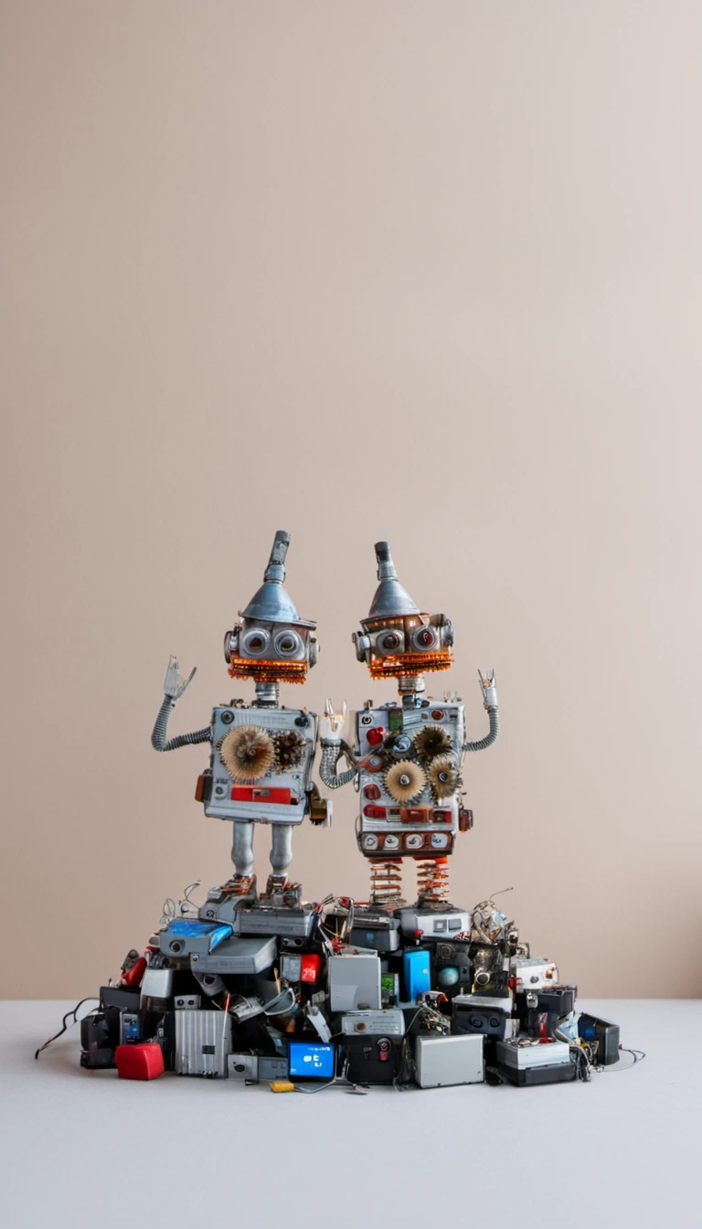 <lora:JunkBots_XL:1> Two characters standing on top of a bunch of old electronics in victory