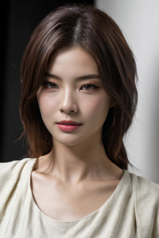 hyper realistic lifelike texture dramatic lighting unreal engine trending on art station, award winning photo, nikon RAW photo,8 k, Fujifilm XT3,masterpiece, best quality, realistic, photorealistic, ultra detailed, extremely detailed face, solo,1girl, standing, fashionable and trendy atmosphere, high-end makeup products, and a stylish expression on her face, close up, t-shirt