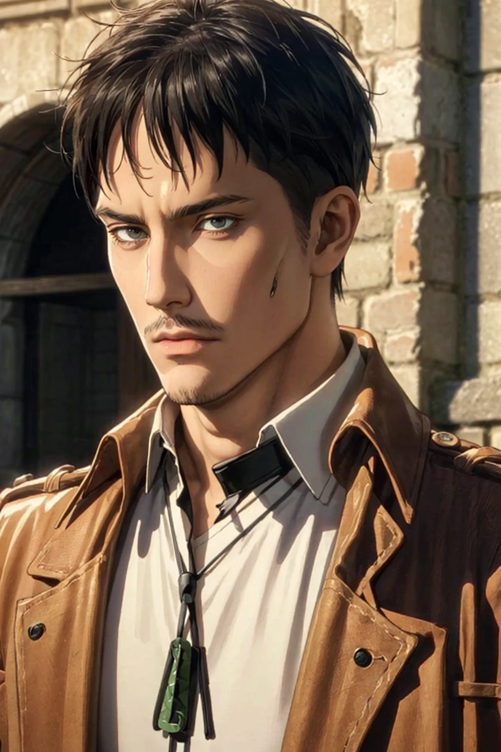 (1 image only),  solo male,  1boy,  Nile Dok,  Attack on Titan,  lean,  facial hair,  light mustache,  light goatee,  dark brown eyes,  black hair,  short hair,  paradis military uniform,  bolo tie,  handsome,  mature,  charming,  alluring,  upper body in frame,  perfect anatomy,  perfect proportions,  8k,  HQ,  (best quality:1.2,  hyperrealistic:1.2,  photorealistic:1.2,  masterpiece:1.3,  madly detailed photo:1.2),  (hyper-realistic lifelike texture:1.2,  realistic eyes:1.2),  high_resolution,  perfect eye pupil,  dutch angle, Nile Dok,<lora:EMS-498-EMS:0.200000>,<lora:EMS-288708-EMS:0.700000>