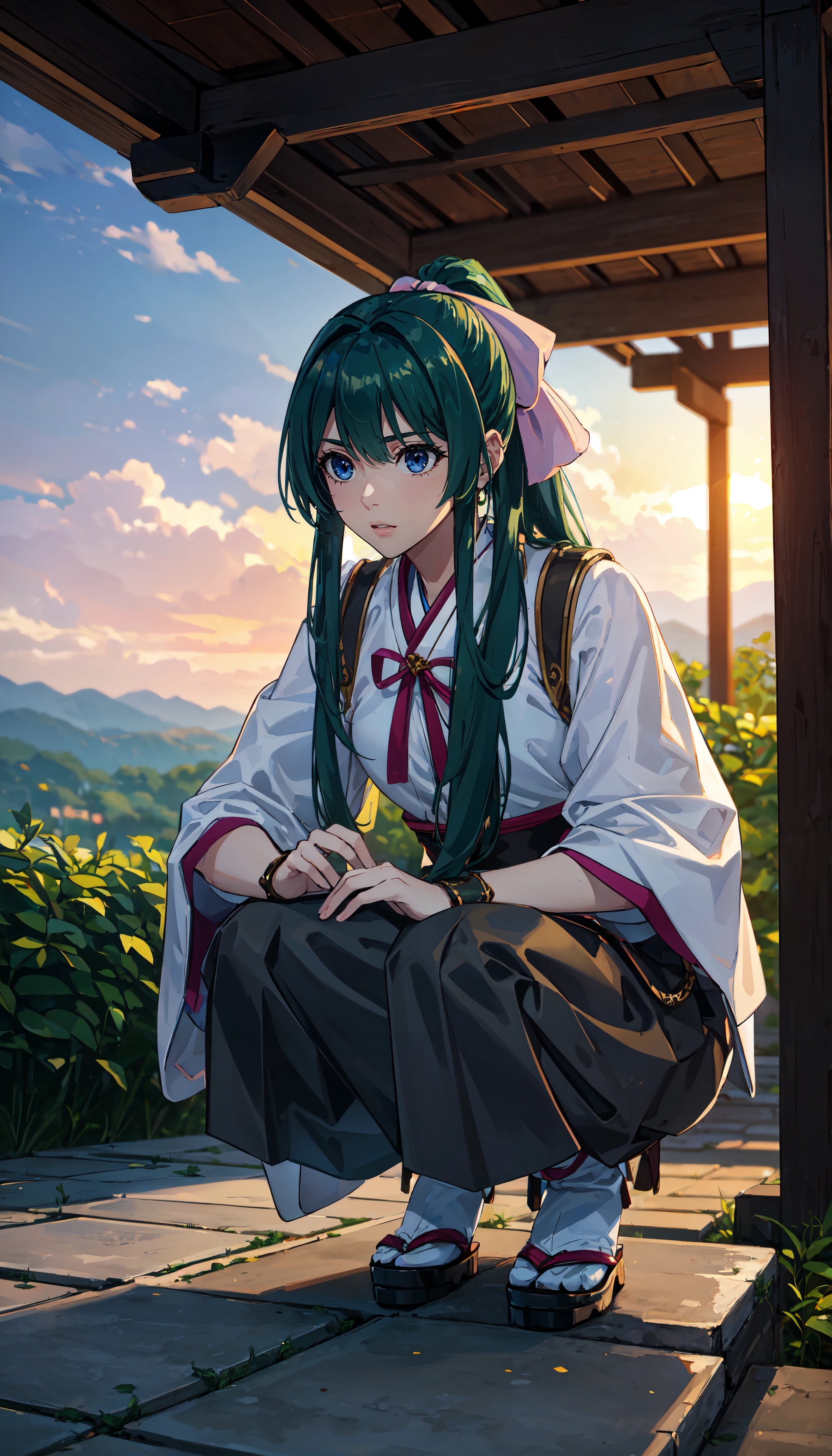 photorealistic, (4k), depth of field, (Masterpiece), (realistic skin texture), extremely detailed, intricate, hyper detailed, professional photography, bokeh, high resolution, sharp detail, best quality, girl, green hair, long hair, ponytail, hair bow, blue eyes, japanese clothes, hakama skirt, <lora:GoodHands-beta2:1> , <lora:detail_slider_v4:0.8> , dynamic pose, (squatting), <lora:Yomogi Emarl-000004:0.7> , BREAK
sunset, countryside, rolling hills in the distance, outdoors,