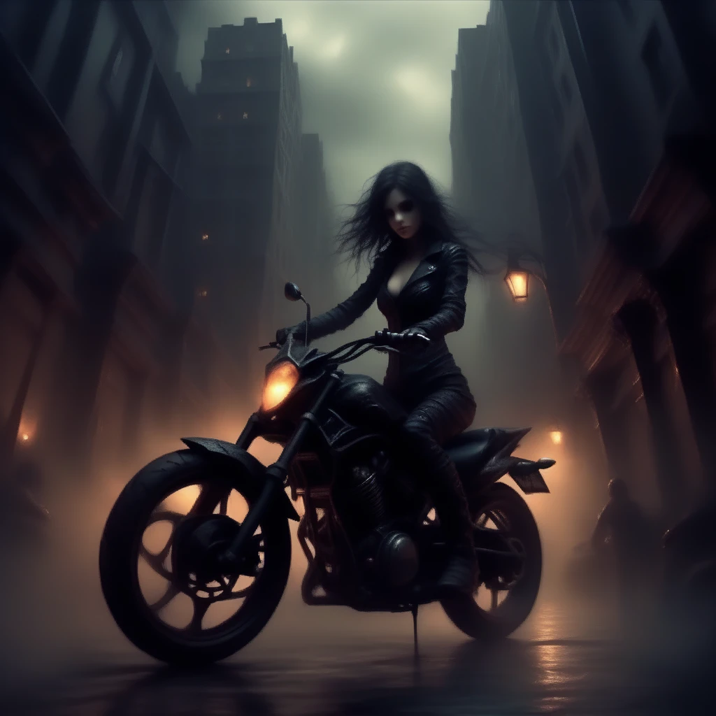 wyrmterro girl on a motorbike in the city, darknes<lora:wyrmterro:0.8>