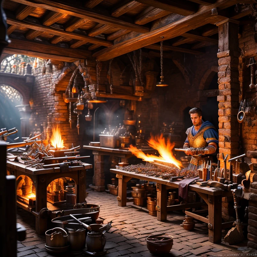 (masterpiece:1.2), (best quality,:1.2), 8k, HDR, ultra detailed, ((photorealistic)), perfect anatomy, professional light, cinematic lighting, fashion photography, ambient lighting,<lora:detail_slider_v4:3>, a fantasy smithy, forge, weapons, FanInt, ((perfect hands)), <lora:FantasyInteriors-10:0.8>, epiCPhoto