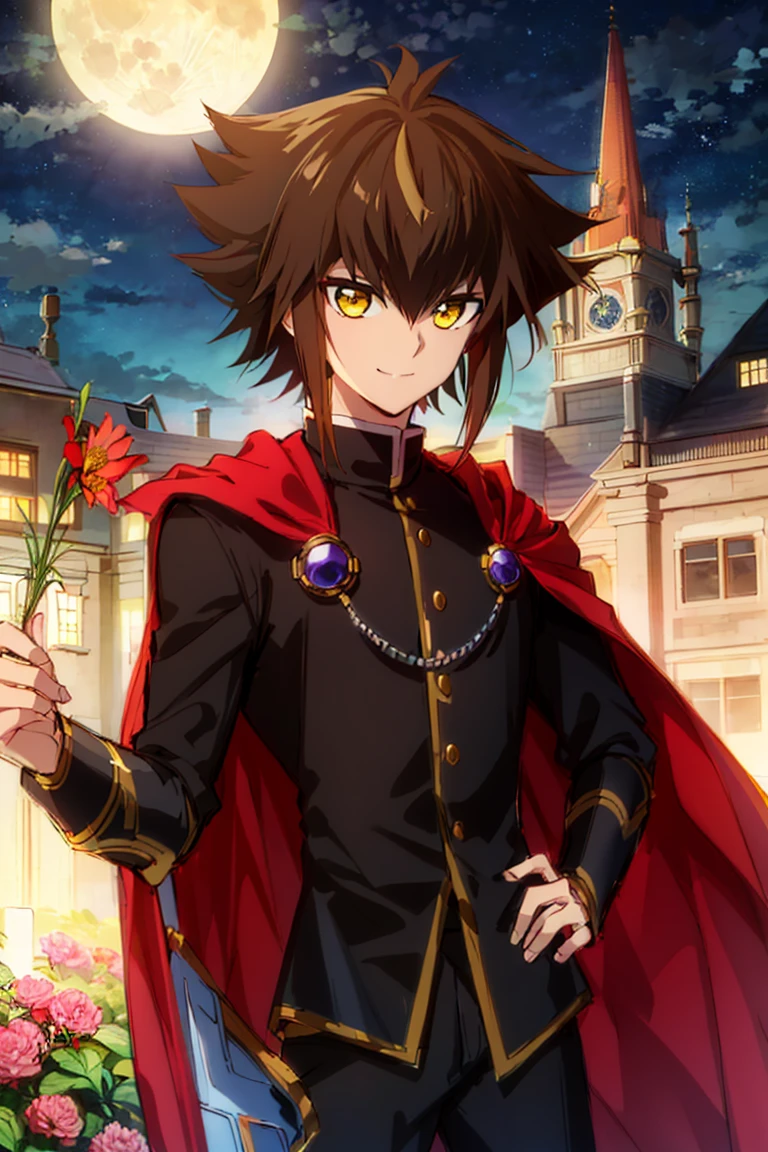 overlord,1boy,yuuki juudai,solo,male focus,holding,brown hair,multicolored hair,hair between eyes,two-tone hair,cape,looking at viewer,flower,long sleeves,smile,red cape,bangs,yellow eyes,pants,closed mouth,school uniform,black pants,jacket,duel academy uniform \(yu-gi-oh! gx\),holding flower,cowboy shot,short hair,sidelocks,<lora:ï¼é¸çåä»£ï¼overlord:0.8>,night,cityscape,building roof,moon,, (masterpiece), (best quality), HDR, intricate detail,