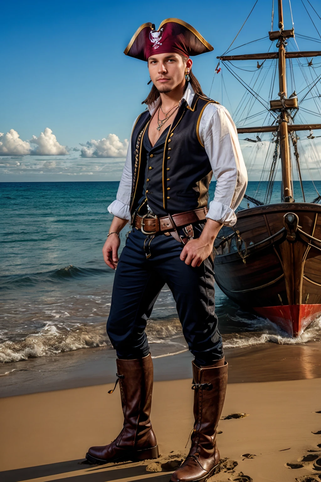 ocean in the background, pirate ship, standing on a beach, DariusFerdynand is a sexypirate, shirt, pants, belt, boots, pirate hat, necklace, earrings, (((full body portrait))), wide angle, <lora:DariusFerdynand:0.75> <lora:Clothing - Sexy Pirate:0.35>