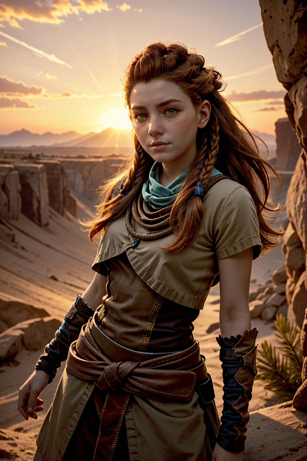 ((ultra detailed, masterpiece, absurdres))
<lora:HFWAloy:0.9>
HFWAloy, 1girl, orange hair, green eyes, long hair, braid, desert, noon, intense and shimmering sunlight