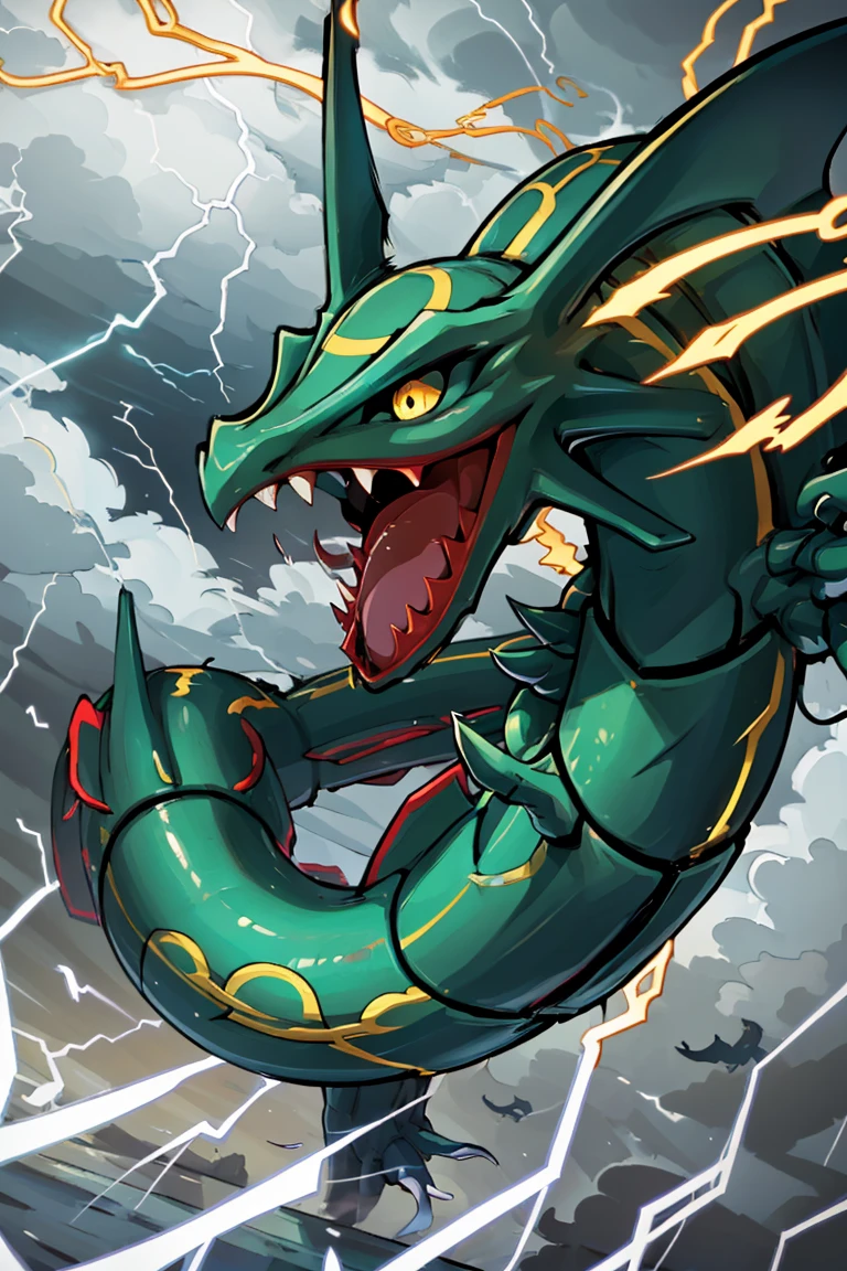 ((masterpiece,best quality)), absurdres,
<lora:Rayquaza:0.8>, Rayquaza, no humans, solo,
animal focus, chao xiaopu, cloud, dragon, eastern dragon, electricity, flying, gen 3 pokemon, highres, legendary pokemon, lightning, nintendo, nostrils, open mouth, pokemon, sharp teeth, storm, teeth, yellow eyes