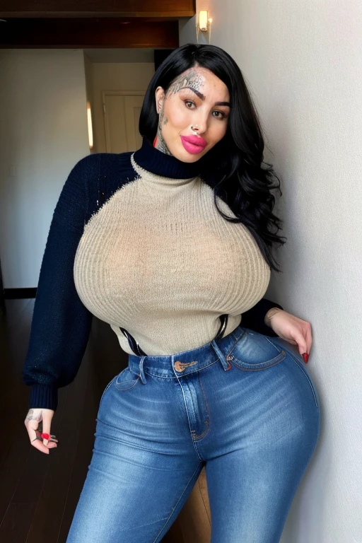 <lora:M4ryM4gd4l3n3_v1:1>, high quality, high resolution, woman in winter sweater collar, jeans, big breasts, thick thighs, big lips, wide hips, tattoos, black hair, looking at viewer, mascara, M4ryM4gd4l3n3