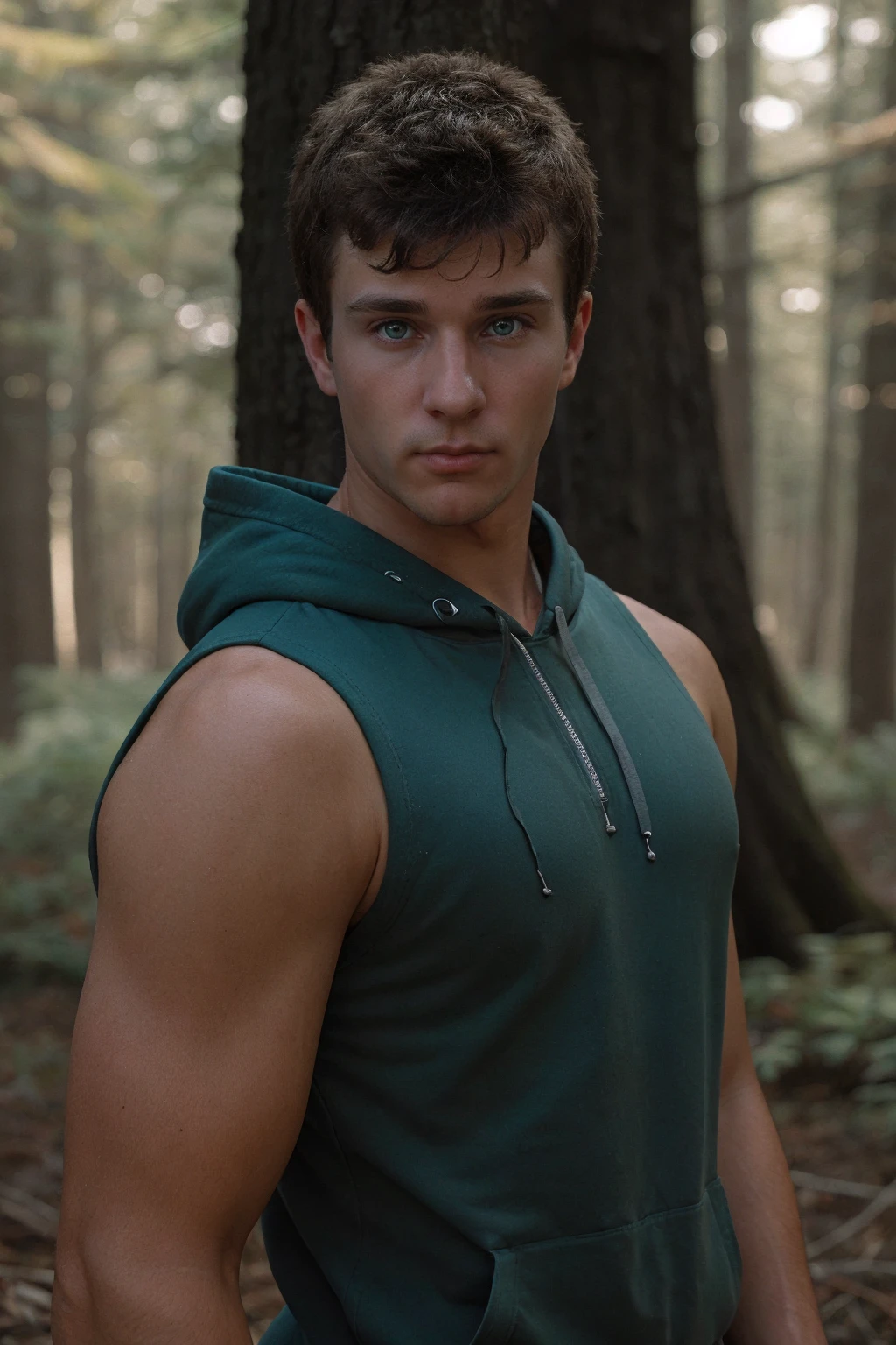 male focus, photo of jjperson <lora:josh_joyce-11:0.7>, side lighting, dramatic contrast, wearing a fitted (light blue:0.5) sleeveless hoodie, looking at viewer, blurred forest background, relaxed confident expression, (smirk:0.5), warrior stance