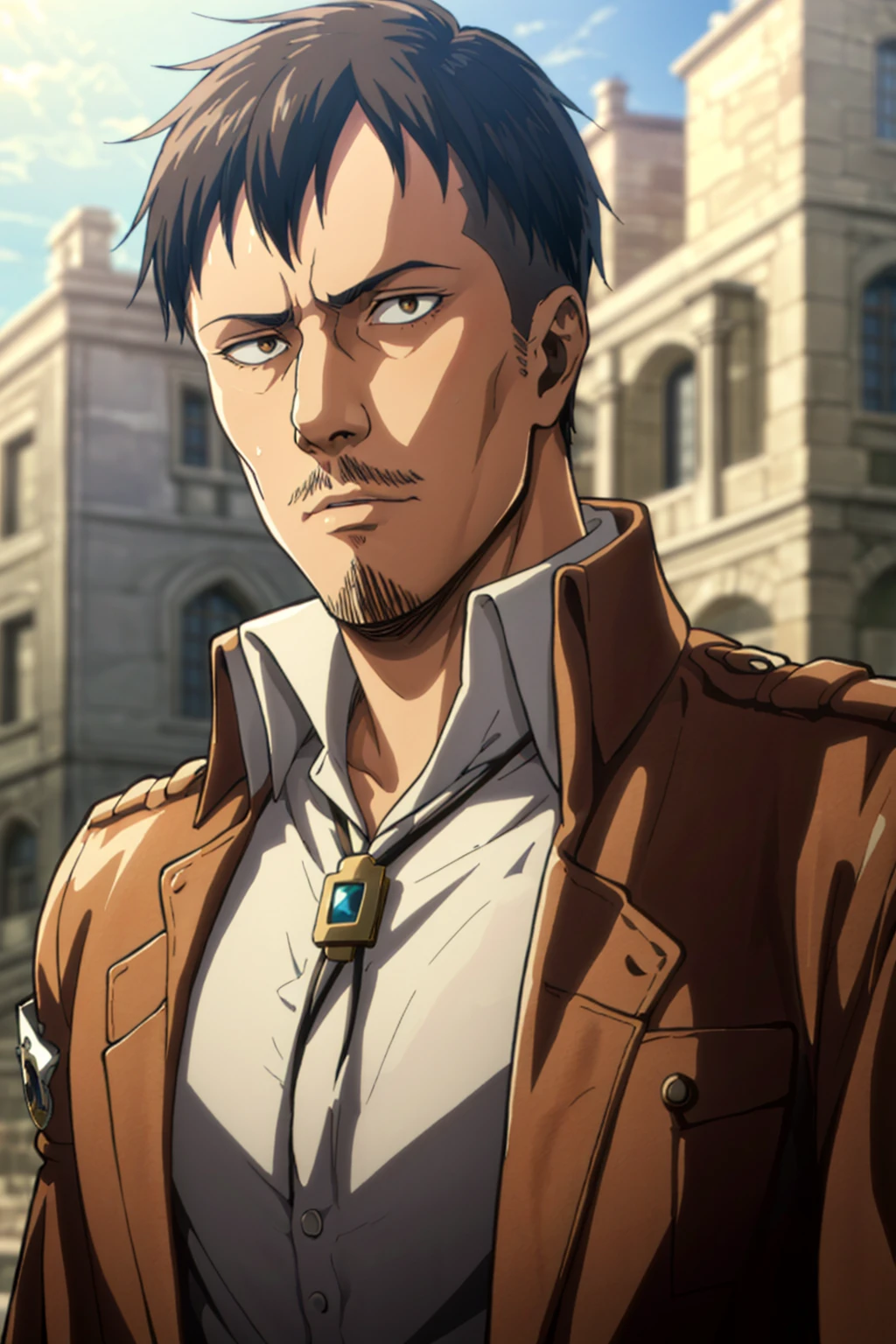 (1 image only),  solo male,  1boy,  Nile Dok,  Attack on Titan,  lean,  facial hair,  light mustache,  light goatee,  dark brown eyes,  black hair,  short hair,  paradis military uniform,  handsome,  mature,  charming,  alluring,  upper body in frame,  perfect anatomy,  perfect proportions,  8k,  HQ,  (best quality:1.2,  hyperrealistic:1.2,  photorealistic:1.2,  masterpiece:1.3,  madly detailed photo:1.2),  (hyper-realistic lifelike texture:1.2,  realistic eyes:1.2),  high_resolution,  perfect eye pupil,  dutch angle,<lora:EMS-498-EMS:0.200000>,<lora:EMS-288708-EMS:0.700000>