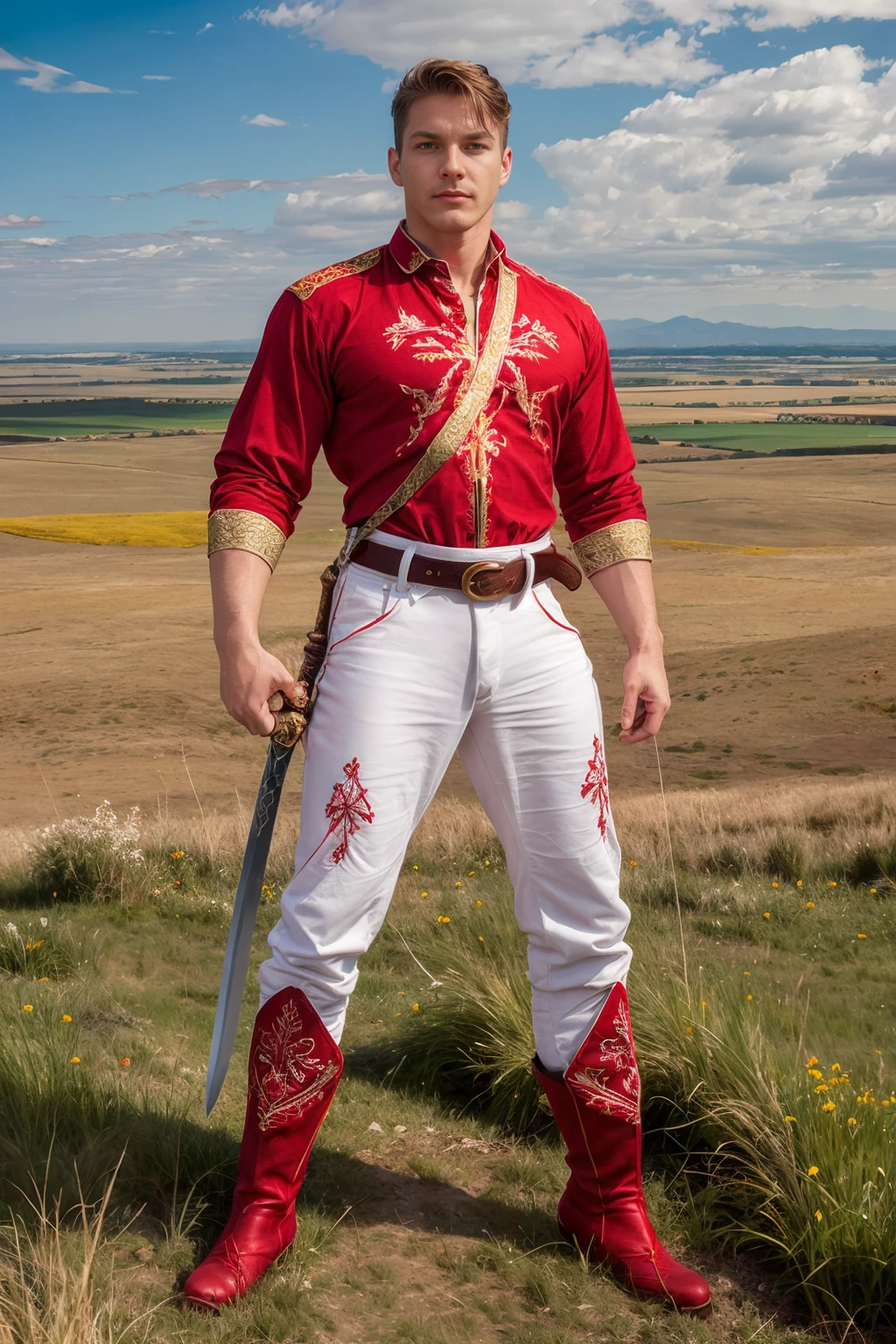 ((grassland)), ((the steppes) in the background), standing on a hill, DariusFerdynand is a Cossack, ((red embroidered shirt)), gold stitching, armor, (white pants), red boots, (sword on belt), (((full body portrait))), wide angle <lora:DariusFerdynand:0.75> <lora:Cossak:0.22>