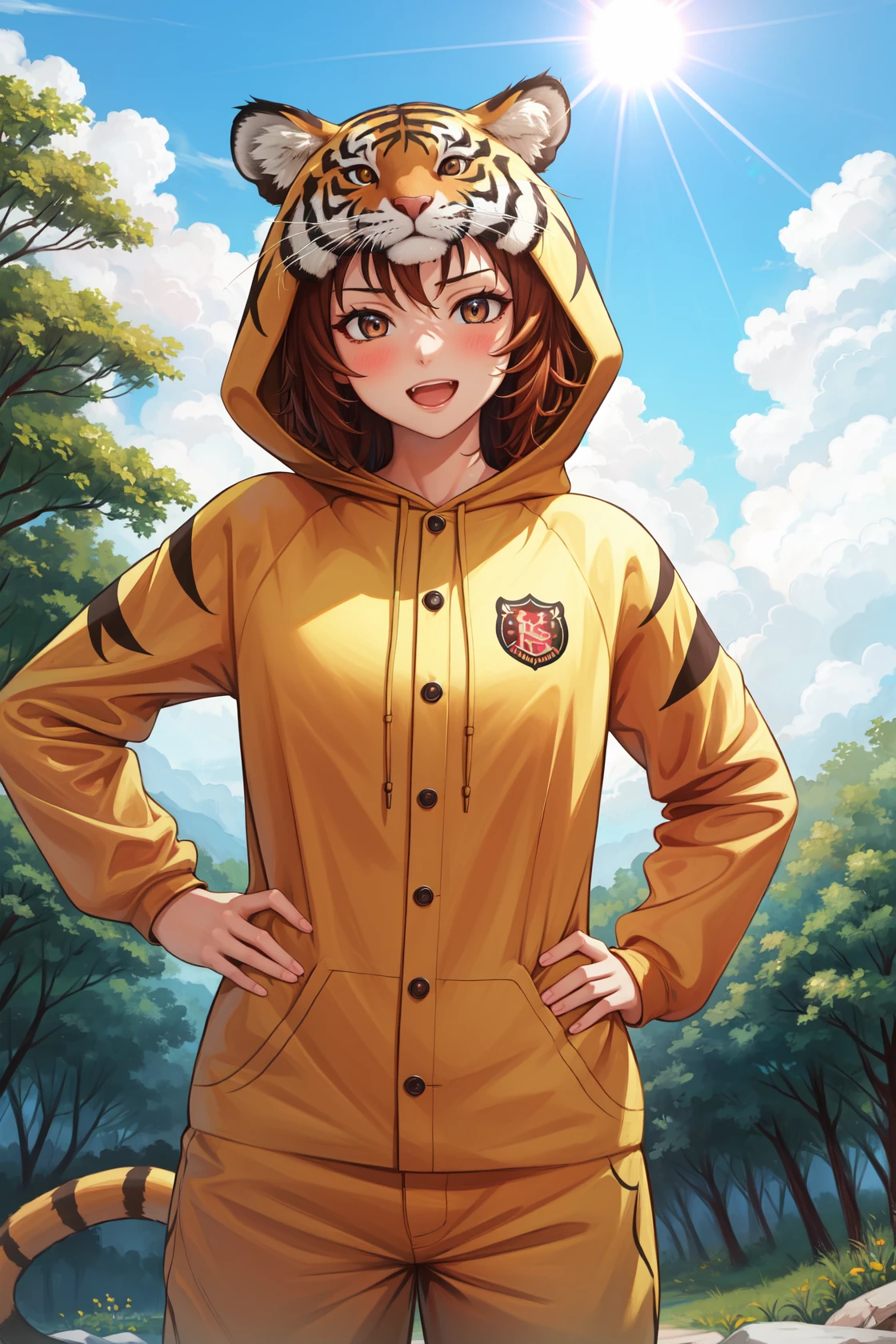 masterpiece, best quality, highres,
PajamAnimal, 1girl, solo, blush, animal ears, tiger ears, hood, hoodie, animal hood, animal costume, tiger hood, tiger costume, pajamas, tiger tail, tiger print,
cowboy shot, hands on hips, looking at viewer, forest, sunlight, cloudy, laughing, <lora:Concept_Pajamas:1>
