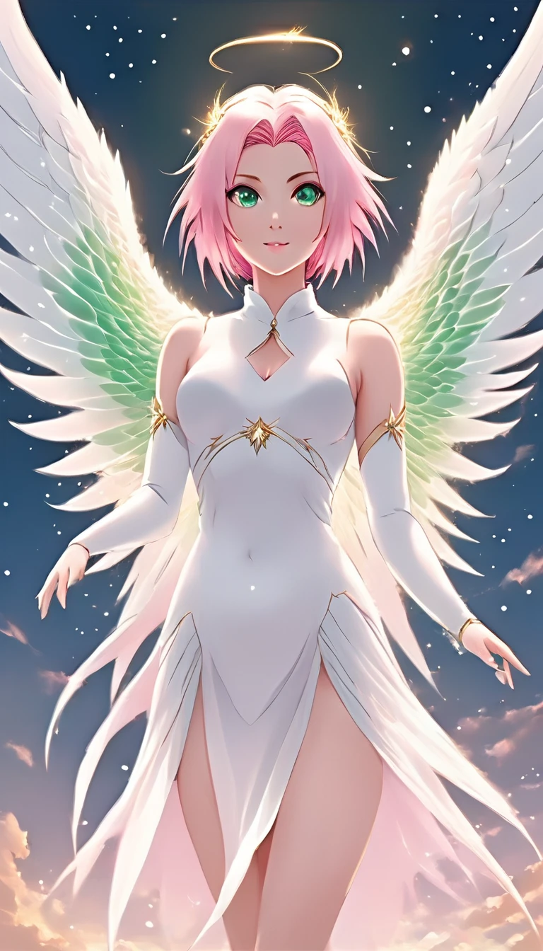 ethereal fantasy concept art of <lora:SakuraXL:1> Sak_Nar Woman, Pink Hair, green eyes, <lora:SDXL_Sacred_beast:.4> angel wings, full body . magnificent, celestial, ethereal, painterly, epic, majestic, magical, fantasy art, cover art, dreamy