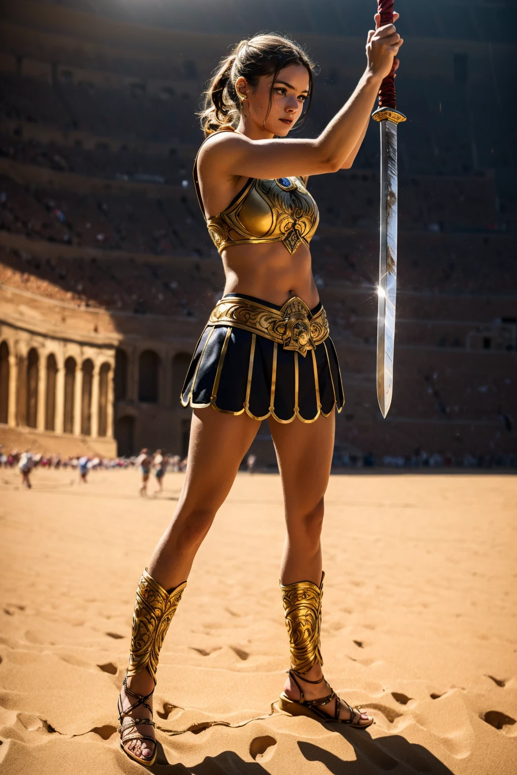 official art, highest details, beautiful and aesthetic, masterpiece, best quality, intricate detail, ultra detailed,
1 girl (spartan:1.3) holding a sword dripping blood, olive<lora:Olivia v10:0.35>, 
action pose,<lora:DreamGlow:0.5>, in the arena, colosseum, blood on the sands, (she:1.4) stands triumphant, dripping blood,spartan, gladiator<lora:Gladiatorv2:1>