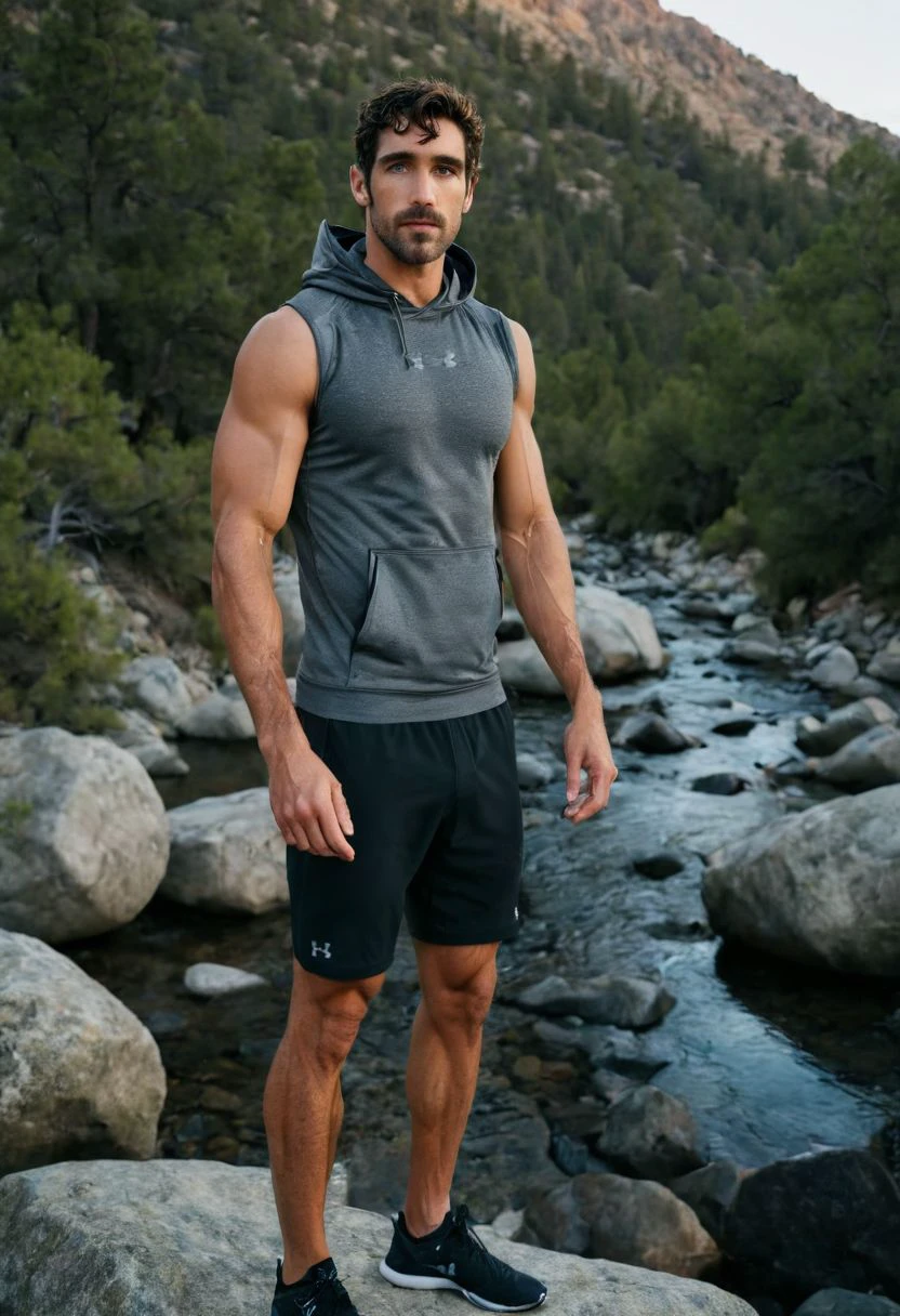 photo of Henry Cavill a man <lora:Henry-Cavill:1>, wearing a sleeveless well-fitted under armour hoodie and compression shorts, standing on a boulder, outdoor trail, 35mm photograph, film, bokeh, professional, 4k, highly detailed, creek in the background, natural lighting, golden hour