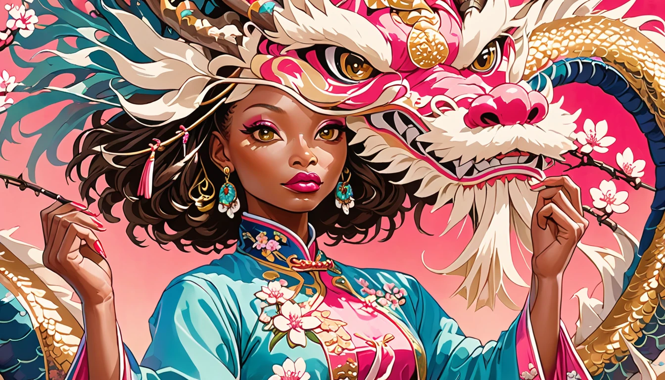 by Alphonse mucha and tim okamura, glamourous Oil painting, very tall, long legs (Shanola Hampton:1.2) , very Angry, Shanola Hampton is dressed in her Vaporwave fashion style Traditional Chinese Garb and a Dragon Mask, her hair is Silver, Smooth cherry blossom pink Belt, background, natural lighting, Colorful, ethnic