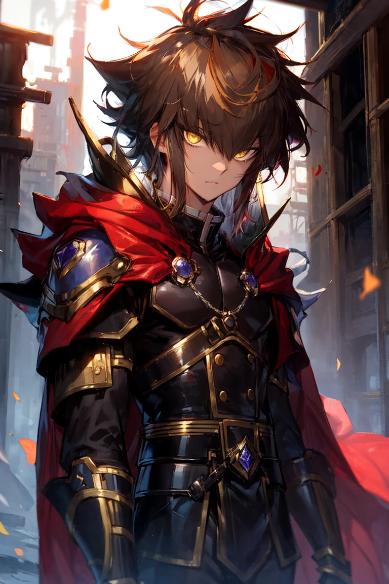 overlord,yuuki juudai,solo,1boy,male focus,armor,red cloak,multicolored hair,brown hair,two-tone hair,yellow eyes,hair between eyes,bangs,sidelocks,closed mouth,medium hair,brown eyes,looking at viewer,cowboy shot,shoulder armor,hand guard,<lora:ï¼é¸çå代ï¼overlord:0.8>,