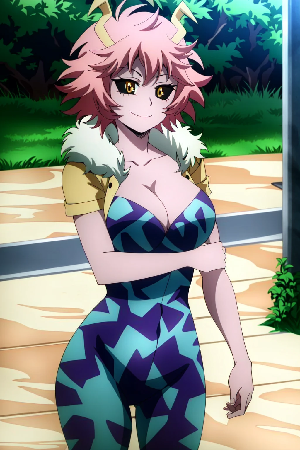 (extremely detailed CG unity 4k wallpaper),(masterpiece),(best quality),(ultra-detailed),(best illustration),(best shadow),(absurdres),(detailed background) <lora:OGT_Mina_Ashido-v1:1> Mina Ashido, ashido mina, 1girl, black sclera, pink skin, horns, pink hair, colored sclera, solo, unitard, breasts, yellow eyes, colored skin, cleavage, short hair, large breasts, bodysuit, outdoors, smile