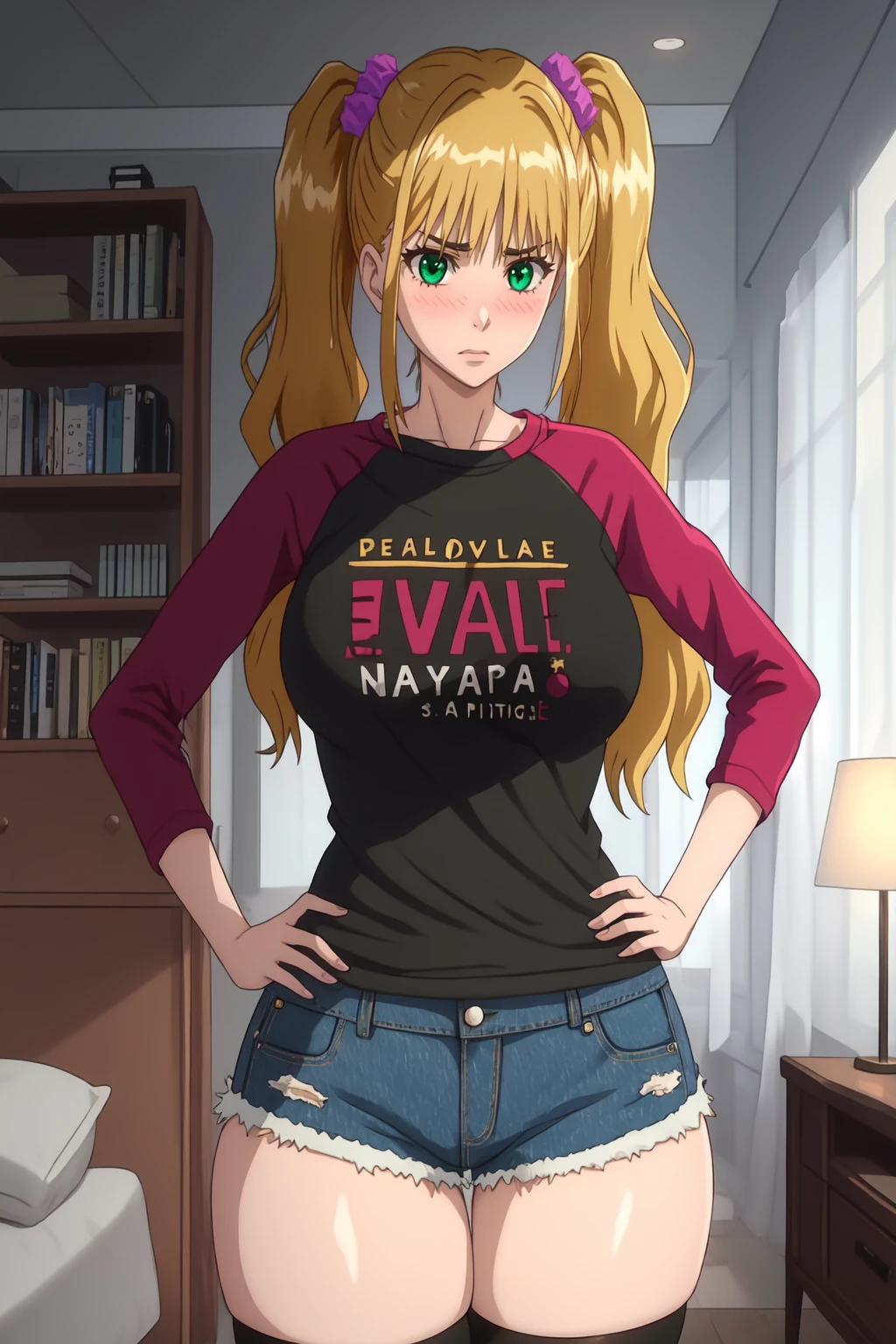 highres, high quality, masterpiece, (intricate details:1.2), cinematic lighting,
NikaidoNao, 1girl, standing, holding phone, ful body,
looking at another, hands on hips, shy, blush, embarrassed,
green eyes, blonde hair, long hair, twintails, hair scrunchie,
breasts, thighs, curvy,
raglan sleeves, black purple two-tone shirt, clothes writing, denim shorts, black thighhighs,
indoors, room,
<lora:NikaidoNao:1>
