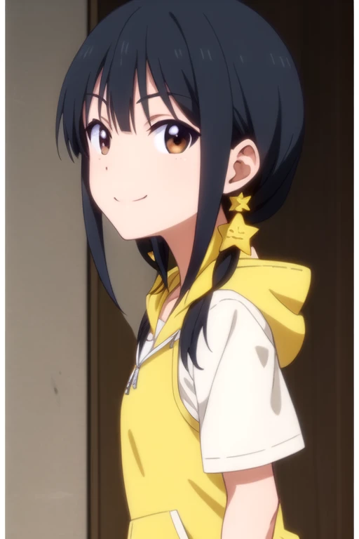 ((masterpiece)),(best quality),official art,extremely detailed CG,unity 8k wallpaper,ultra detailed,beautiful detailed eyes,extremely detailed face,1girl,solo,upper body,(portrait:1.5),looking at viewer,facing viewer,(petite:1.2),smile,long_hair,black_hair,low_twintails,star_hair_ornament,sidelocks,bangs,brown_eyes,yellow_hoodie,hood_down,orange_vest,small breasts,short_sleeves,brown_shorts,white_thighhighs,sneakers,<lora:Akutsu Ruri(ag)>,