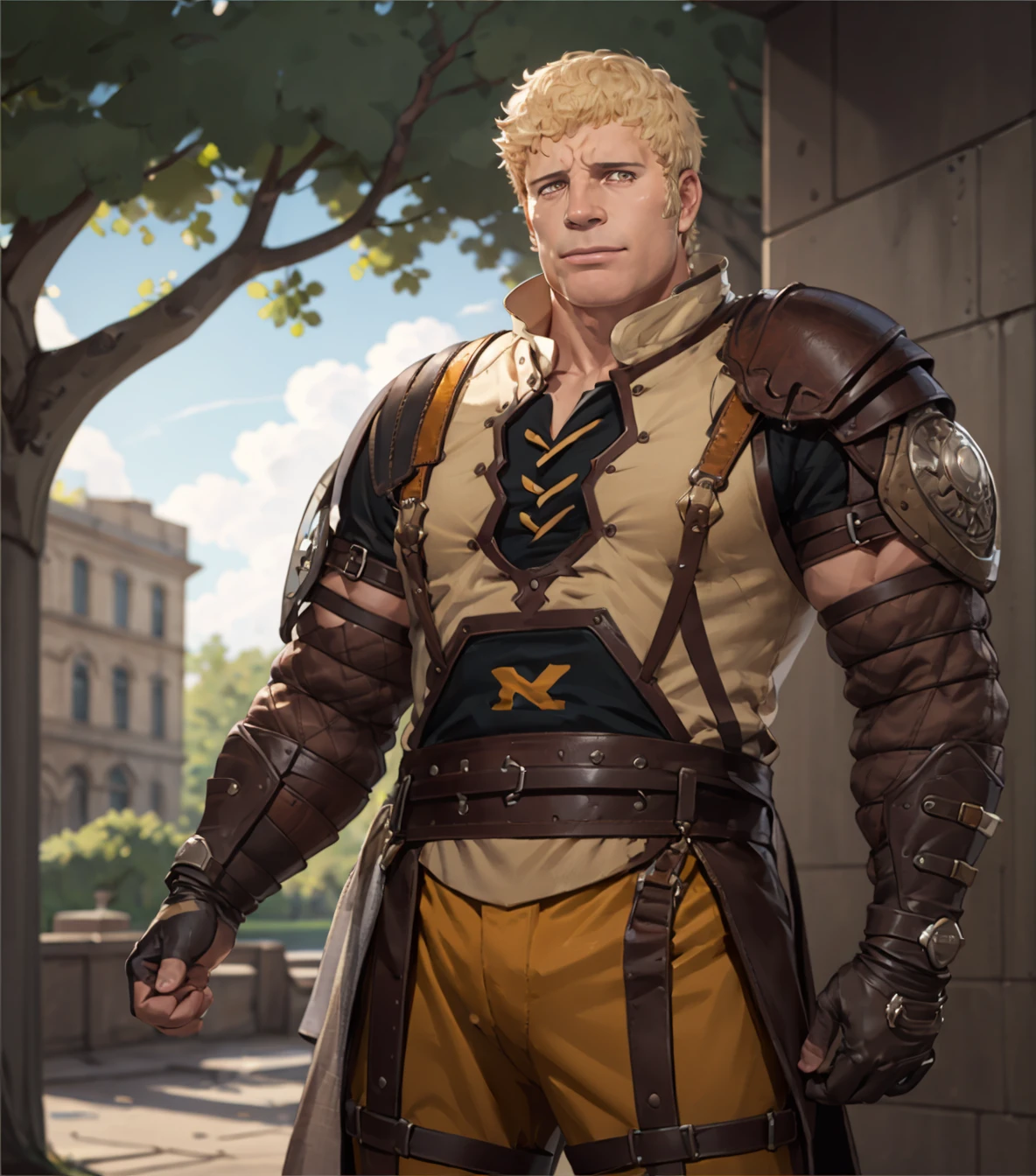high quality, realistic, 1boy, solo, portrait, looking at viewer, <lora:RaphaelFE3H:0.85> warRaphael, sideburns, belt, leather, muscular, pauldrons, outdoors, trees