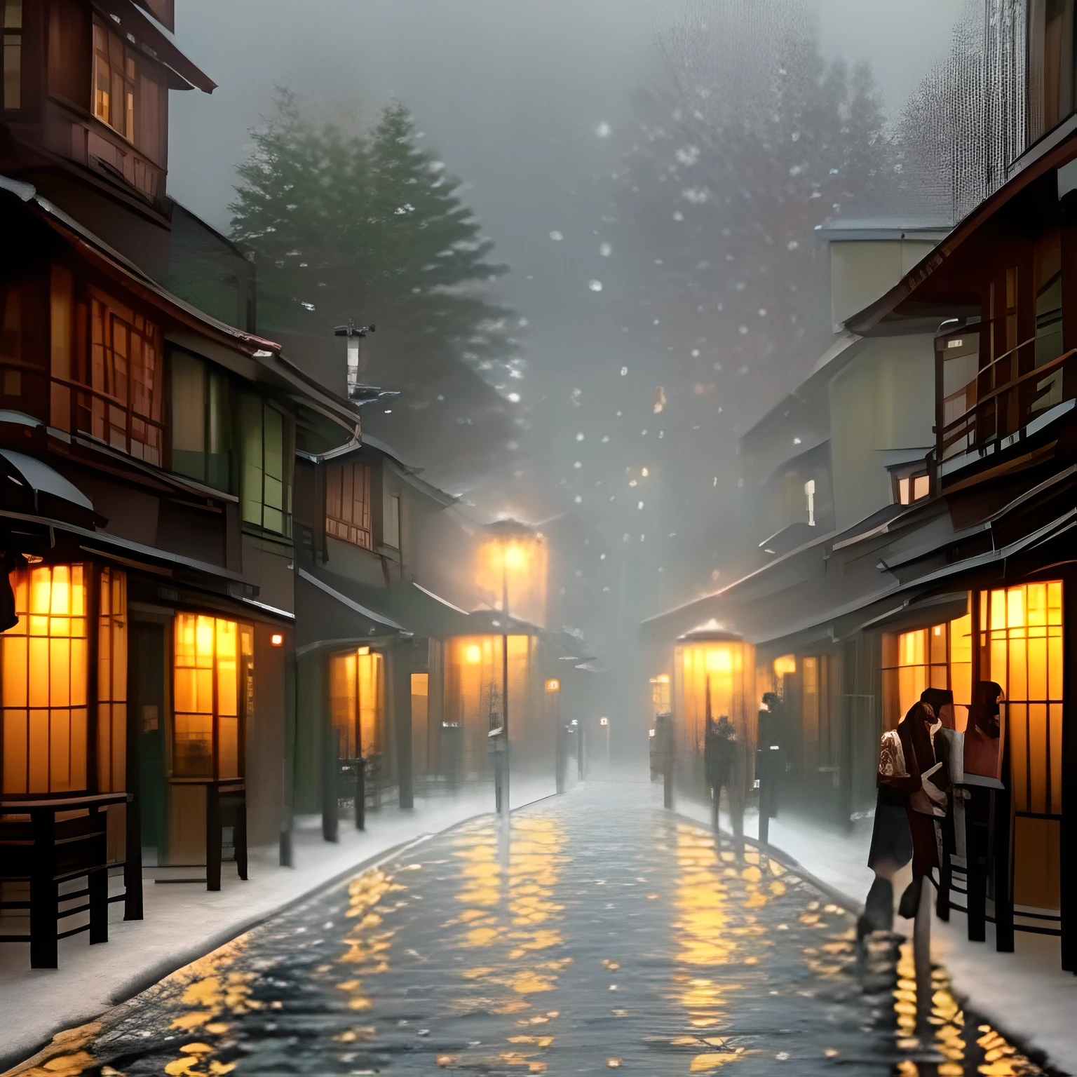 (japanese young woman upperbody portrait :1.4),white skin, <lora:kinkade:0.70> oil painting kinkade style, city street,rain ambient, cloudy storm sky,peoples, water reflection in asphalt,cozy feel, nostalgia, high res, winter, snow ambient, christmas time, littles lights4k,8k,sharpen edges, high definition, stormy night, rim lighting, many details  <lora:lcm-lora-sdv1-5:1>,blue tone,cool ambient,volumetric ambient, volumtric lights, foggy ambient,dark sky,perfect face