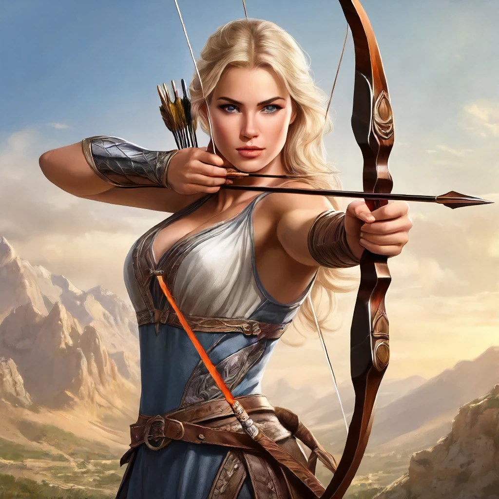 1girl,realistic photo, bow (weapon),firing and arrow, athletic 1person,blonde sexy female adventurer Aiming a Bow, d1 dress, cloth, beautiful eyes, looking to the camera<lora:mergedarchedlora:0.7> beautiful face