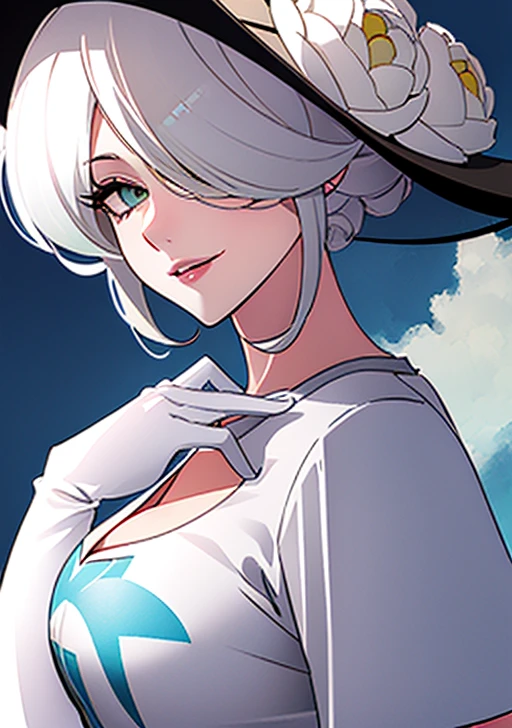 <lora:cogita:0.5>, cogita, 1girl, solo, breasts, looking at viewer, smile, short hair, cleavage, green eyes, flower, white hair, short sleeves, parted lips, elbow gloves, white gloves, hair over one eye, grey eyes, from side, grey eyes, eyelashes, t-shirt, print shirt, hat