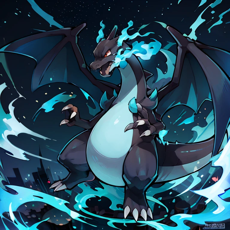 ((masterpiece,best quality)), absurdres, <lora:Charizard_v2:0.8>, Charizard, no humans, 10s, claws, cloud, creatures (company), black skin, blue fire, flame-tipped tail, game freak, gen 1 pokemon, mega charizard x, mega pokemon, nintendo, pokemon (creature), pokemon xy, red eyes, sky, solo, moon, starry sky, blue glow,