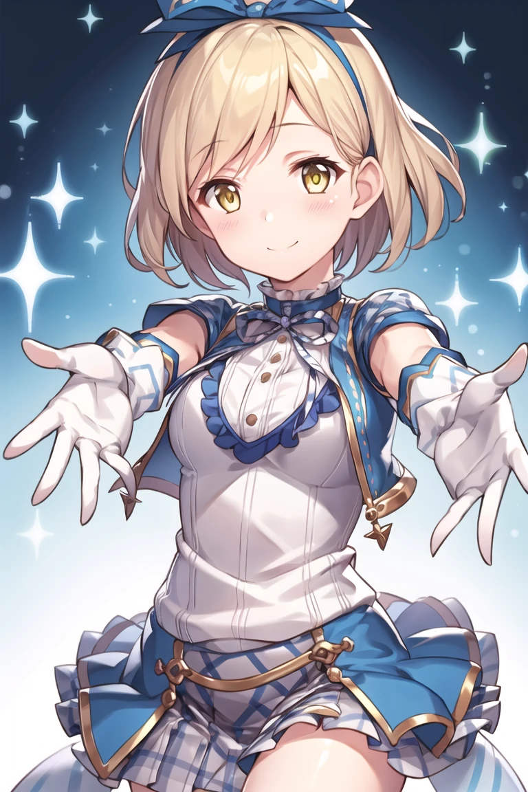 1girl, smile, gbf-idol djeeta, hair accessories, smile, blush, yellow eyes, gloves, outstretched hand