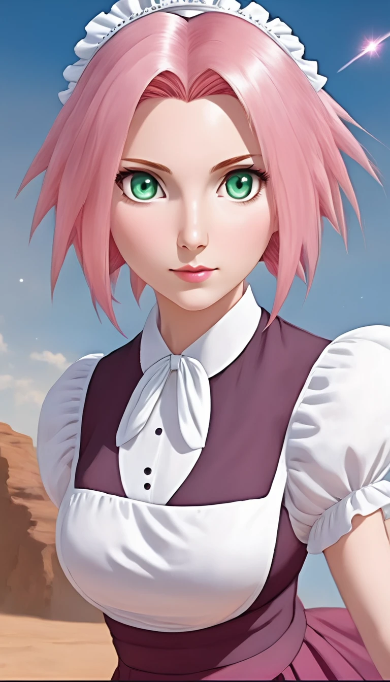 ethereal fantasy concept art of <lora:SakuraXL:1> Sak_Nar Woman, Pink Hair, green eyes, <lora:xl_cute_maid_dress-1.0:1> maid dress . magnificent, celestial, ethereal, painterly, epic, majestic, magical, fantasy art, cover art, dreamy