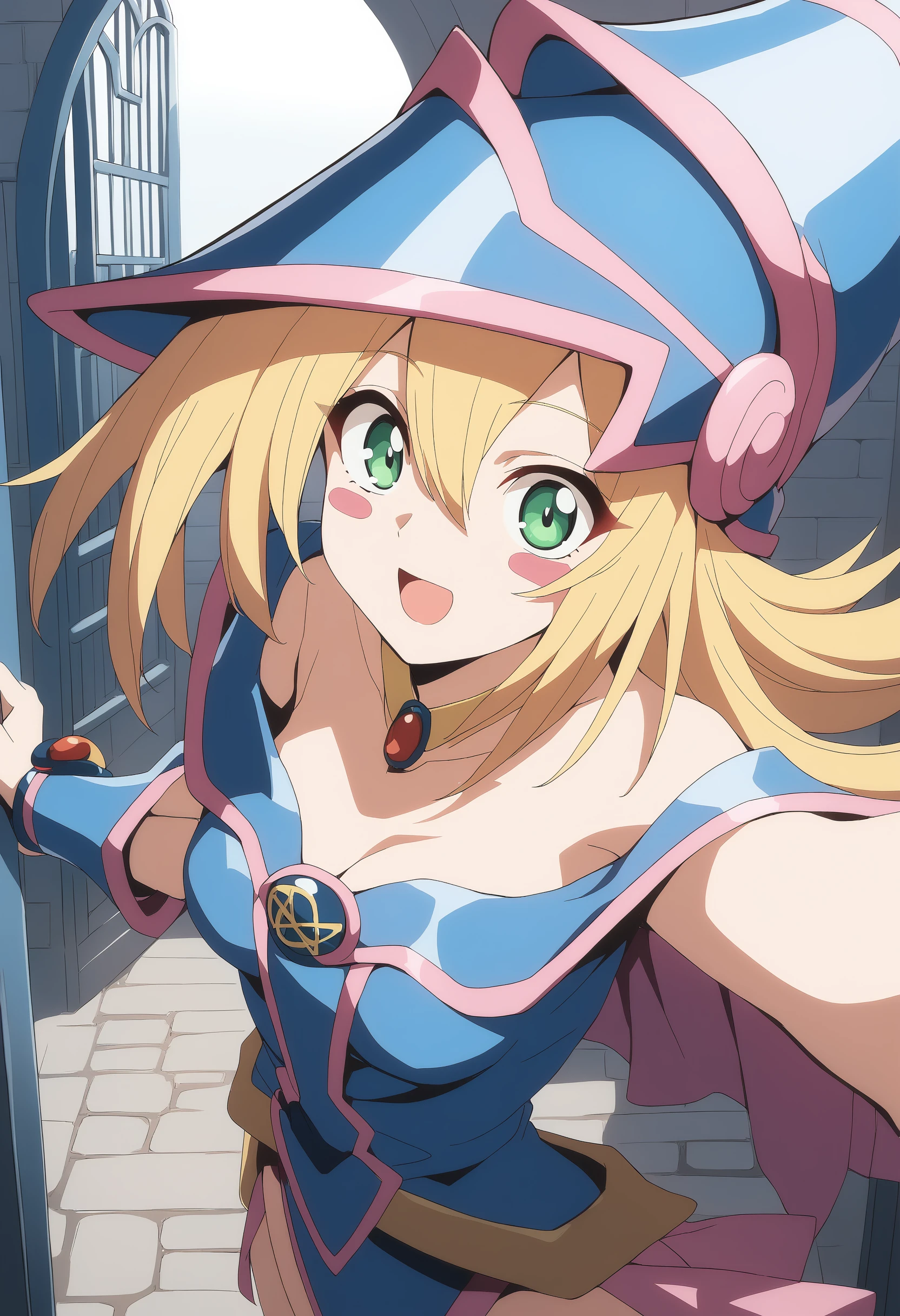 1girl,  <lora:blamagiXLv1:0.9>,blamagi,blonde hair, green eyes, long hair, medium breasts,blush stickers,wizard hat,
dutch angle, portrait, looking at viewer, smile, gate, open mouth,
masterpiece, best quality,