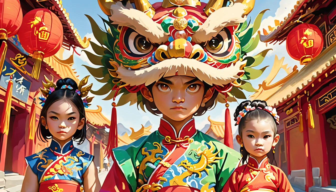 3D Rendering, eye-level shot of a muscular (Sibling:1.3) , wearing Traditional Chinese Garb and a Dragon Mask, The Traditional Chinese Garb and a Dragon Mask is in the style of Mythpunk, Bling, summer street, in focus, romanticism art by Paul Cézanne, Masterpiece, Evil, Selective focus, award winning, contest winner