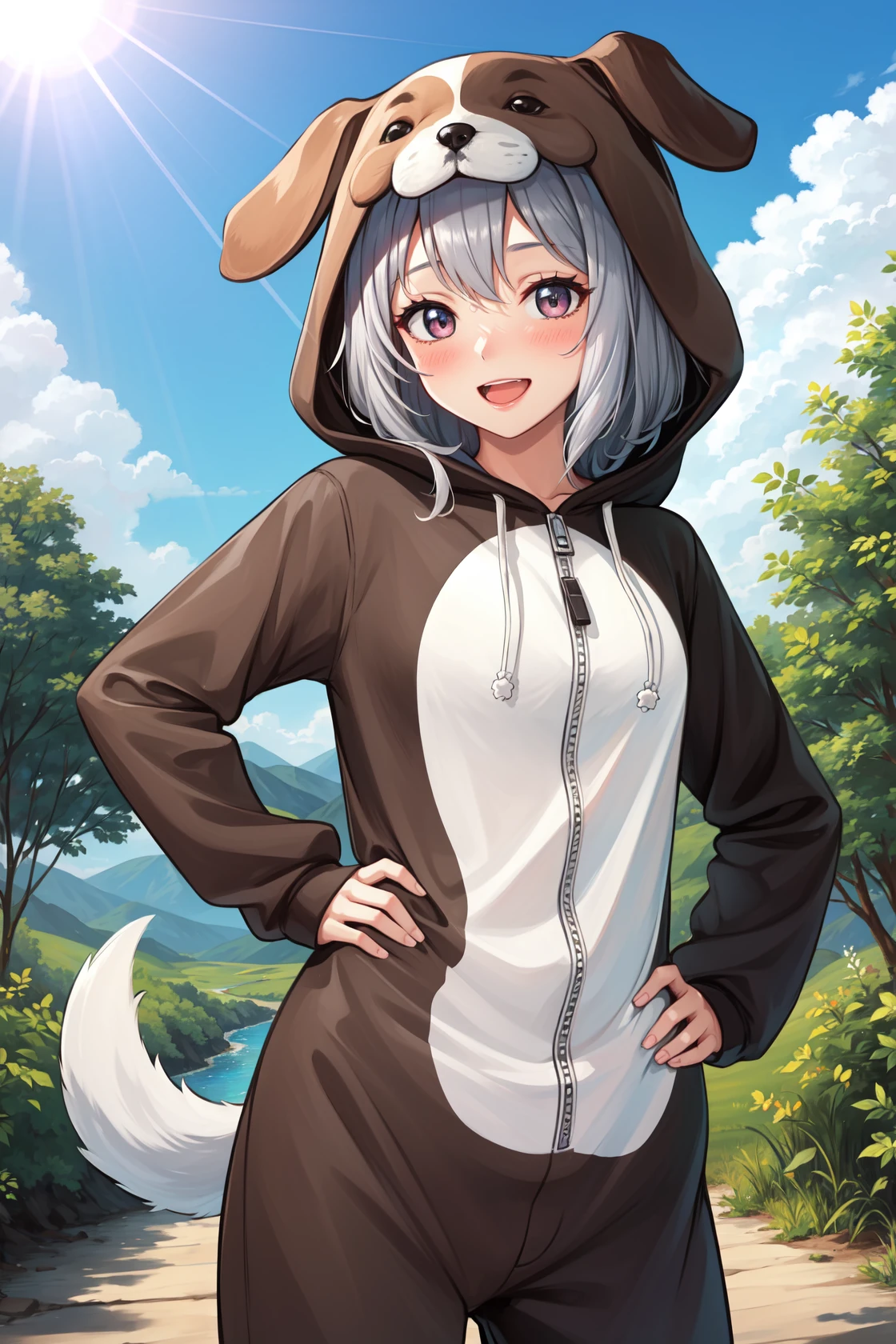 masterpiece, best quality, highres,
PajamAnimal, 1girl, solo, blush, animal ears, grey hair, dog ears, hood, hoodie, animal hood, animal costume, dog hood, dog costume, pajamas, dog tail,
cowboy shot, hands on hips, looking at viewer, forest, sunlight, cloudy, laughing, <lora:Concept_Pajamas:1>