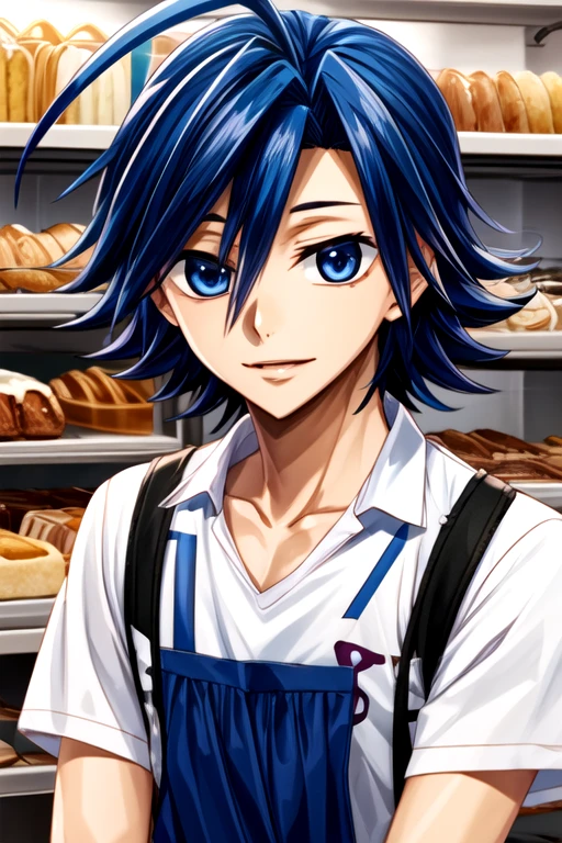 (best quality:1.1), (masterpiece:1.4), game cg, looking at viewer, upper body, , ligne claire, , 1boy, solo, male focus, <lora:sangaku_manami:0.92>, sangaku_manami, blue hair, blue eyes, , ahoge, devil costume, bakery, 32k resolution