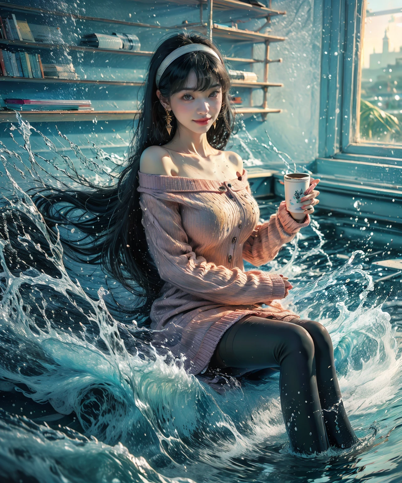 yor briar,1girl,bangs,black pantyhose,book,bookshelf,breasts,cleavage,coffee,coffee mug,cup,earrings,gold earrings,gold hairband,hairband,jewelry,long hair,long sleeves,looking at viewer,medium breasts,mug,off-shoulder sweater,off shoulder,out of frame,pantyhose,plant,red eyes,red sweater,smile,solo,sweater,white hairband,window,water,splashing,
Best quality,masterpiece,ultra high res,haifeisi,<lora:yorBriarSpyFamily_lykonV1:0.8>,<lora:æµ·é£ä¸v4.1:0.7>,