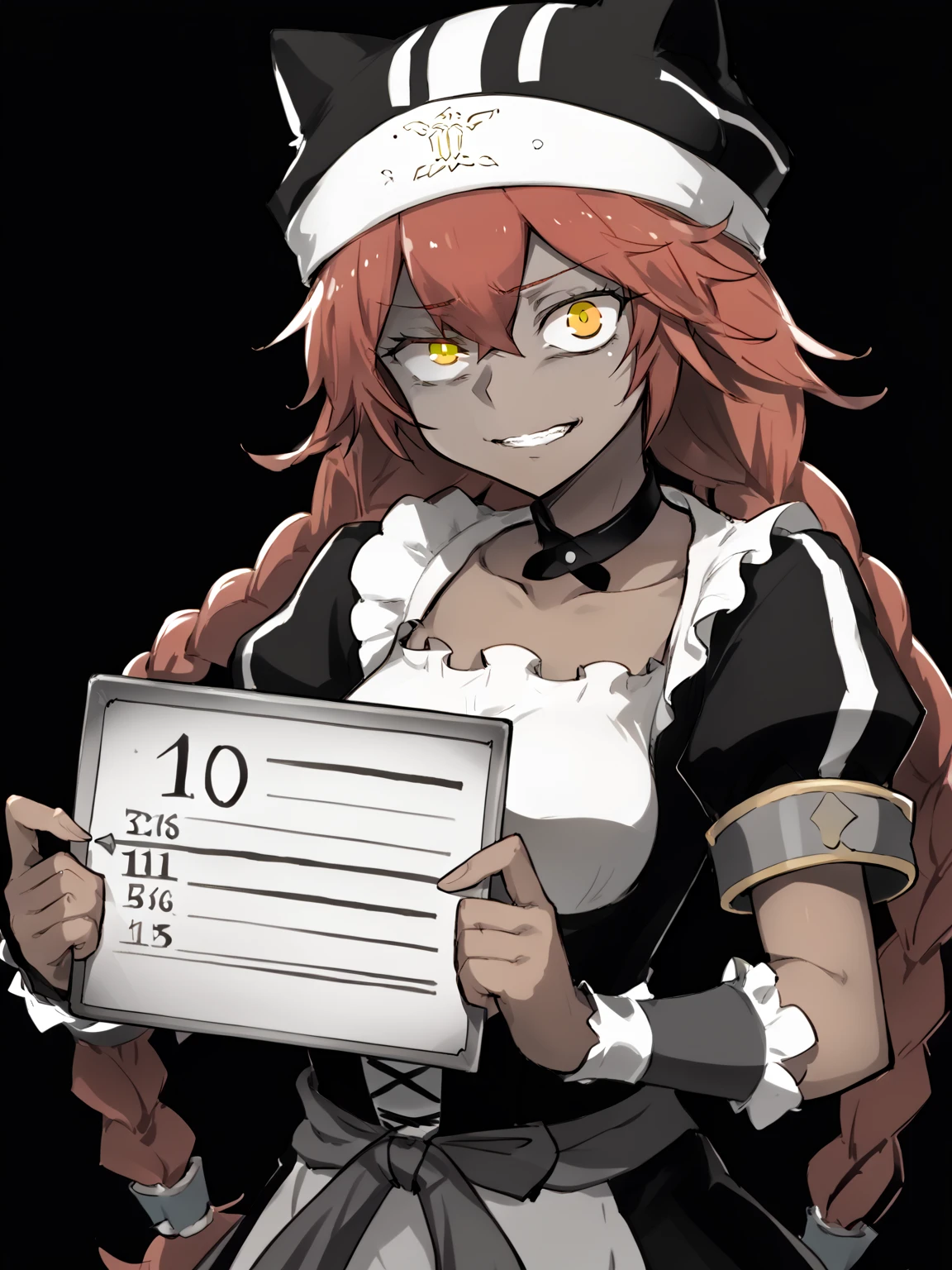 score_9, score_8_up, BREAK, source_anime,  monochrome, greyscale, ebiblue, gesugao, 1girl, lupusregina, red hair, long hair, twin braids, yellow eyes, dark skin, choker, dress, hat, maid, (glowing eyes:0.5), mugshot, holding sign, looking at viewer, solo, sketch, black background   <lora:EbiblueXL:1>  <lora:LupusReginaXL:0.9>